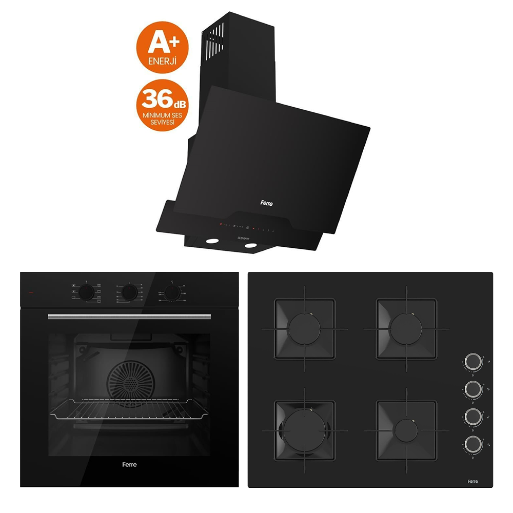 Ferre Siyah Cam Ankastre Set (QBL62CS Fırın - SS205 Ocak - D063-SA Davlumbaz)