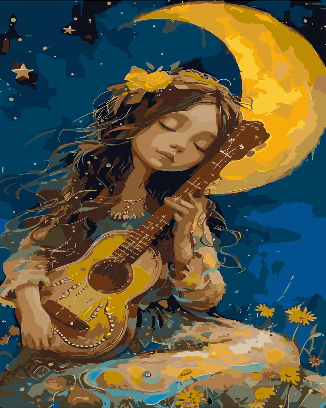 Sayılarla Boyama Seti Çerçeveli Kasnaklı Mehtap ve Ukulele