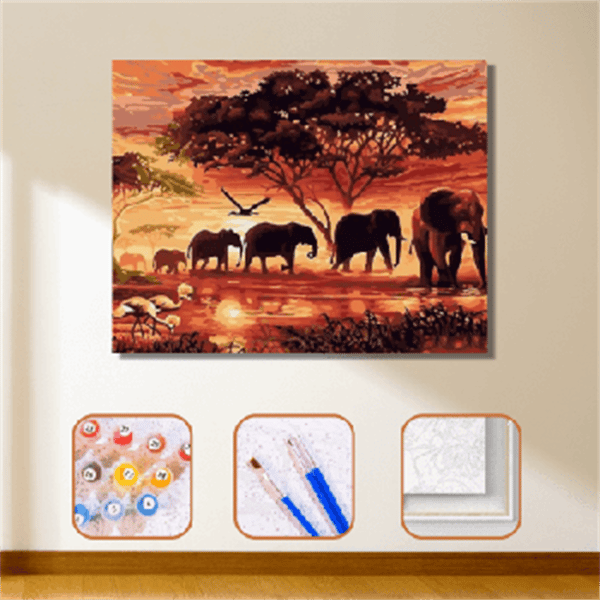 Sayılarla Boyama Seti Savan Ağacı ve Filler Afrika 60x75cm