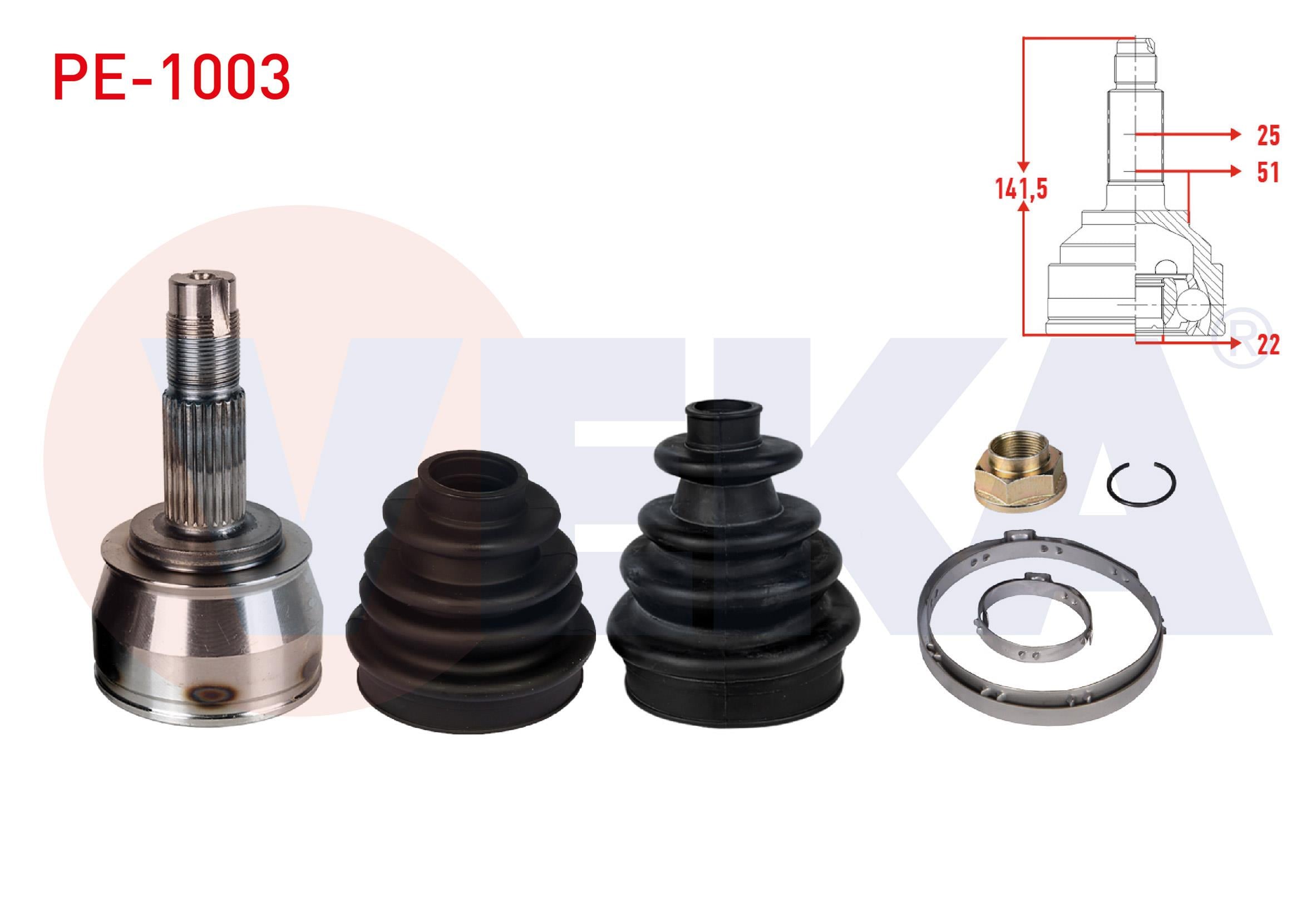 AKS KAFASI SOL-SAG ON DIS 25X22X51 UZUNLUK 141,5 mm 2 KORUKLU PEUGEOT BIPPER 1.4 HDI  2008- / CITROEN NEMO 1.4 HDI 2007-