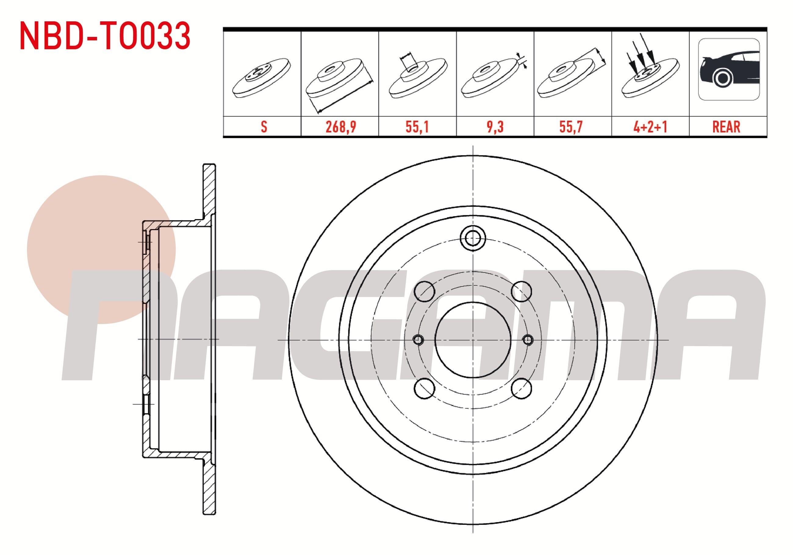 FREN DISKI ARKA DUZ 4 BJN 268,9X9,3X55X57 YARIS 1.4 D-4D-1.5 VVT-I-1.3i 1999-2005/COROLLA 1.6 VVT-I-1.4 VVT-I-2.0 D-4D 2001-2007/COROLLA VERSO 2.0 D-4D-1.6 VVT-I 2001-2004/YARIS VERSO 1.4 D 1999-2005