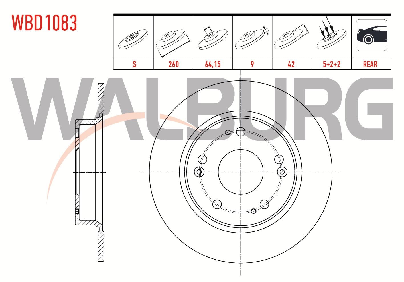 FREN DISKI ARKA DUZ 5 BJN 260X9X64,15X42 HONDA CIVIC IX 1.6i - 1.4i - 1.8 2012-2016/ CIVIC VIII 1.6 - 1.4 2005-2012/ CIVIC VII 1.8 I-VTEC - 2.0 I-VTEC 2000-2006