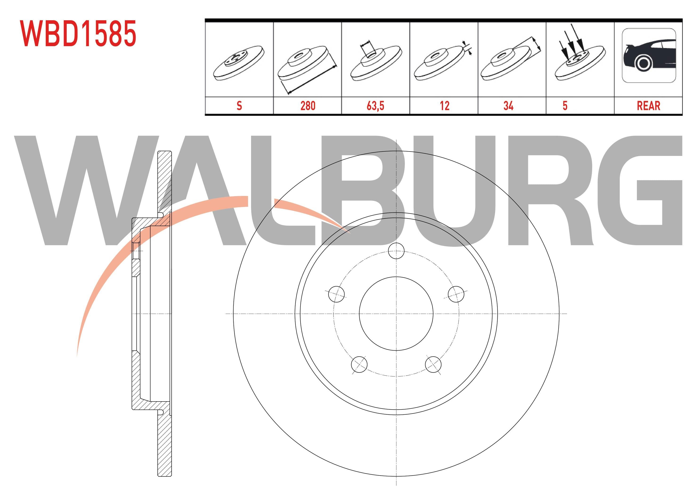 FREN DISKI ARKA DUZ 5 BJN 280X12X63,5X34 FORD MONDEO III 2.0i 16v - 2.0 TDCI 2000-2007/ JAGUAR X-TYPE 2.0 D - 2.1 - 2.2 D - 2.5i - 3.0 2006-2009