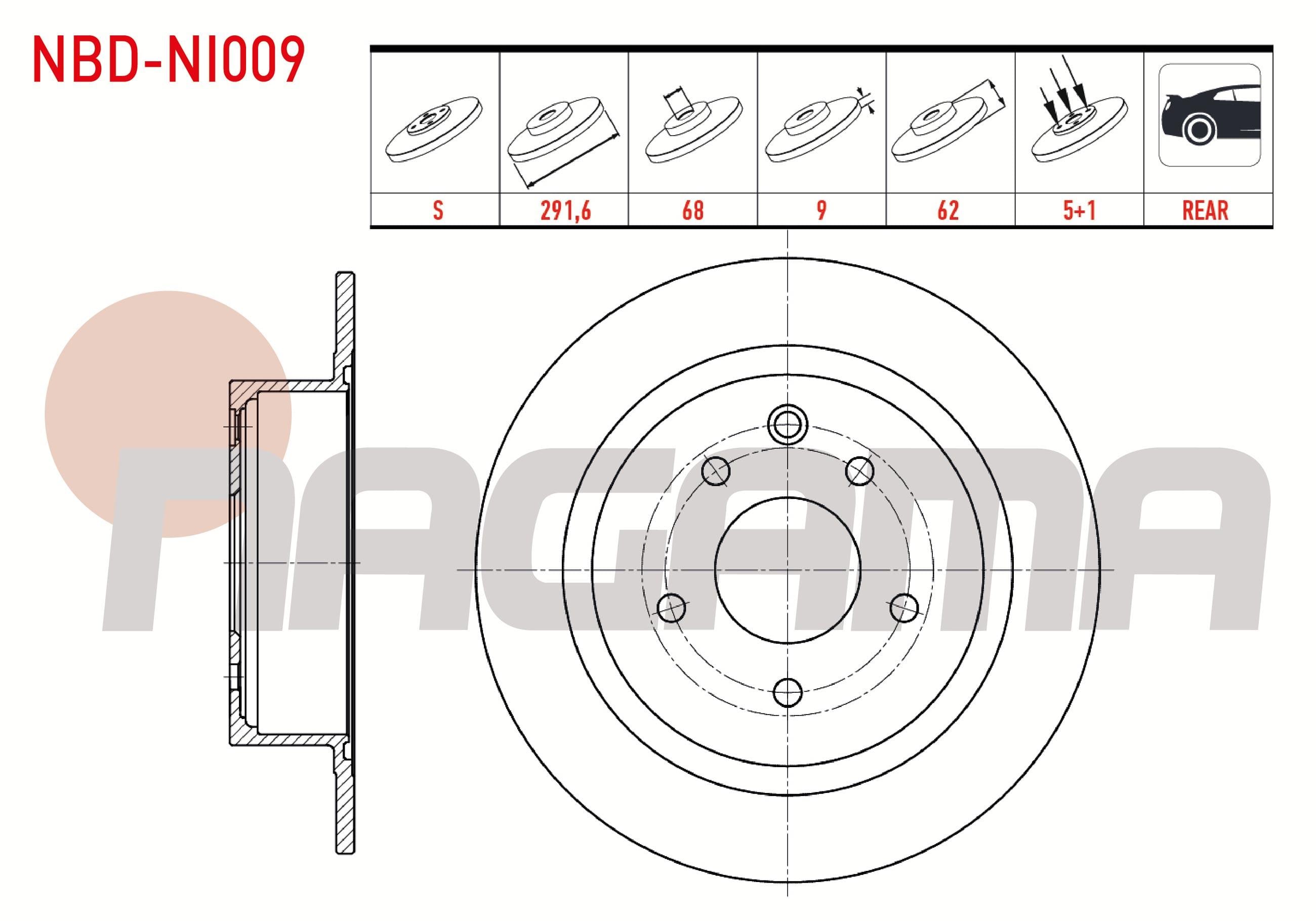 FREN DISKI ARKA DUZ 5 BJN 291,5X9X68X62  NISSAN QASHQAI (J10) 1.5 DCI 2007-2014/ QASHQAI 1.6i  2007-2014/ QASHQAI 2.0 DCI 2007-2014/ JUKE 1.5 DCI 2010- / JUKE 1.6 DIG-T 2010-