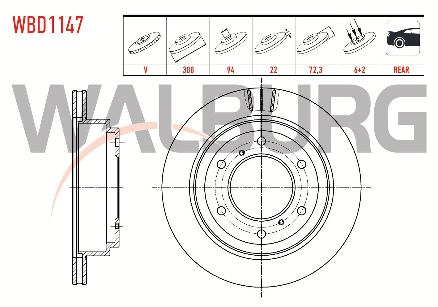 FREN DISKI ARKA HAVALI 6 BJN 300X22X94.07X72,4 MITSUBISHI PAJERO IV (V8W,V9W) 3.8 V6 2007- / PAJERO IV (V8W,V9W) 3.2 DI 2007-/ PAJERO IV (V8W,V9W) 3.2 DID 2007-