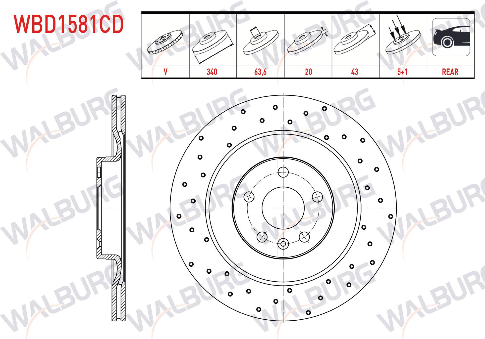 FREN DISKI ARKA HAVALI KAPLAMALI PERFORMANS DELIKLI 5 BJN 340X20X63,6X43 18 JANT VOLVO XC90 II 2.0 T8 HYBRID 2015-