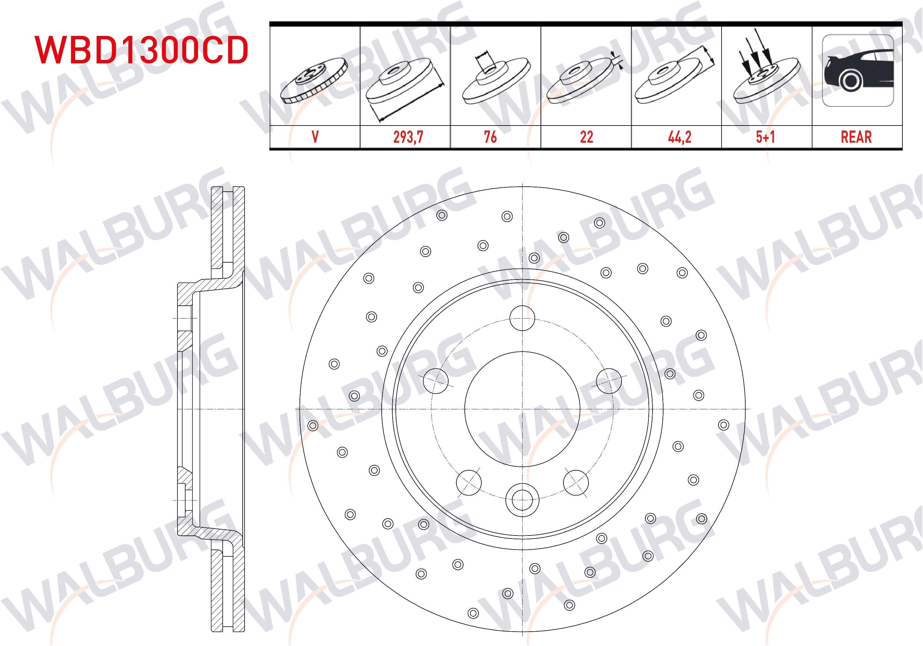 FREN DISKI ARKA HAVALI KAPLAMALI PERFORMANS DELIKLI 5 BJN 293,7X22X76X44,2 VOLKSWAGEN TRANSPORTER VI 2.0 TDI BITDI 2009-
