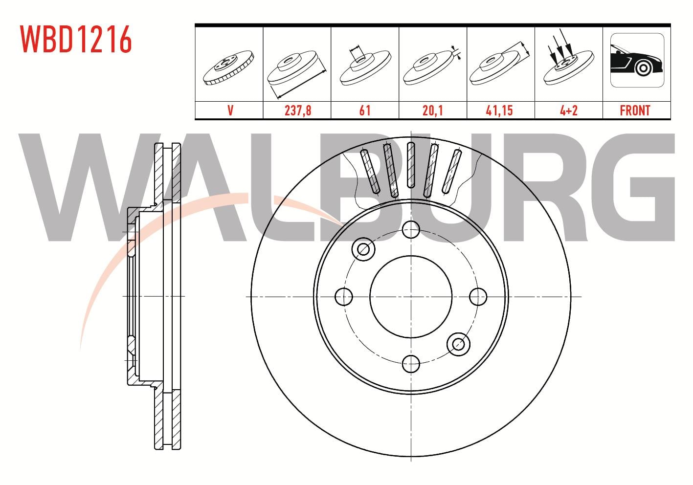 FREN DISKI ON HAVALI 4 BJN 237,8X20,1X61X41,15 KANGOO 1.5 DCI 1998-2008/ CLIO II 1.2i - 1.4i - 1.6i 1998-2005 / SYMBOL II 1.4 - 1.5 DCI 2008-2012/ MEGANE I 1.4 16v 1996-2003/ R 19 1.6 1998-2008