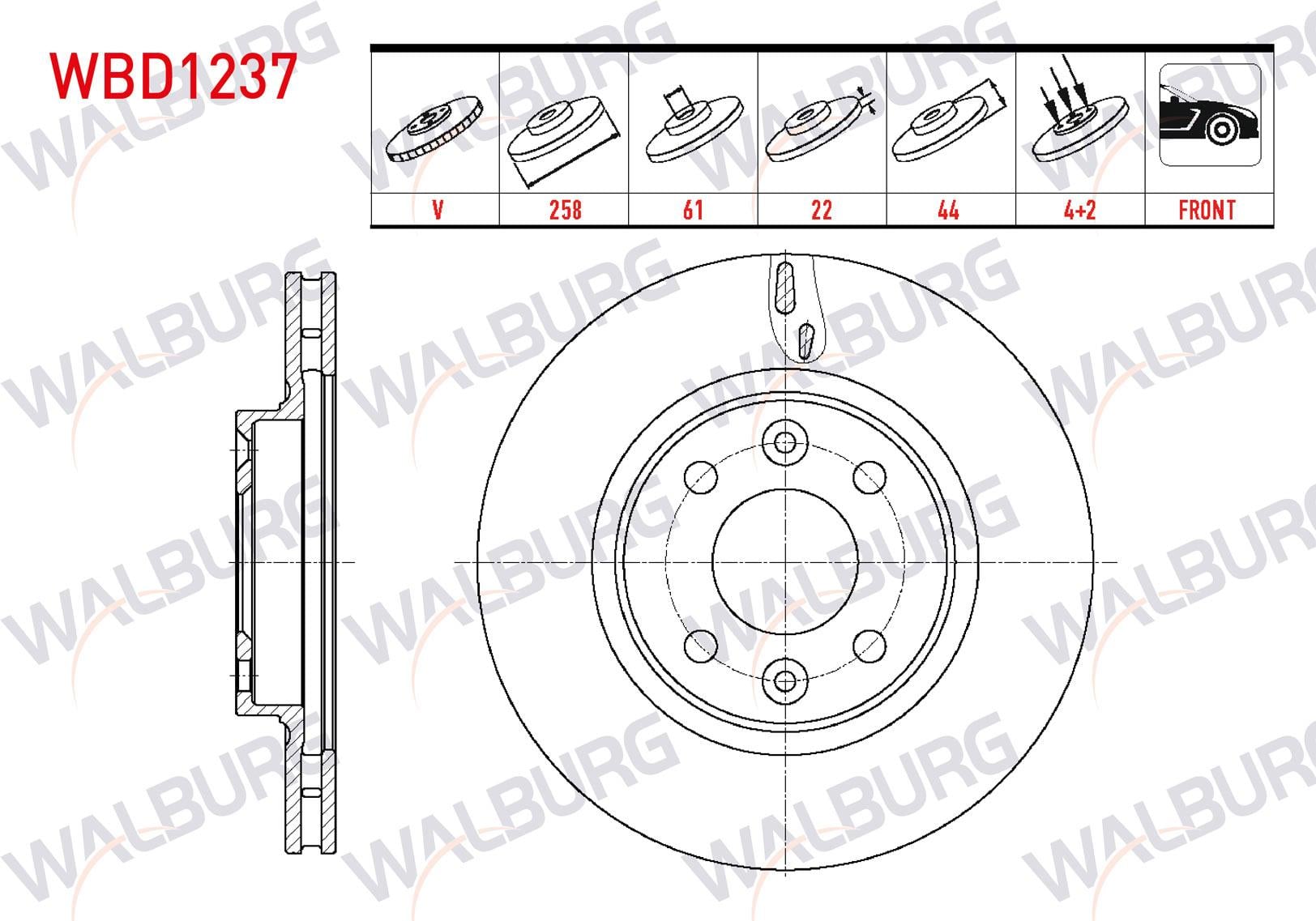 FREN DISKI ON HAVALI 4 BJN 258X22X44X61 RENAULT SYMBOL THALIA 2008-2012/ SYMBOL III 2012-/ CLIO IV 2012-2020/ CLIO V 1.5 DCI 2019-/ TALIANT 1.5 DCI 20