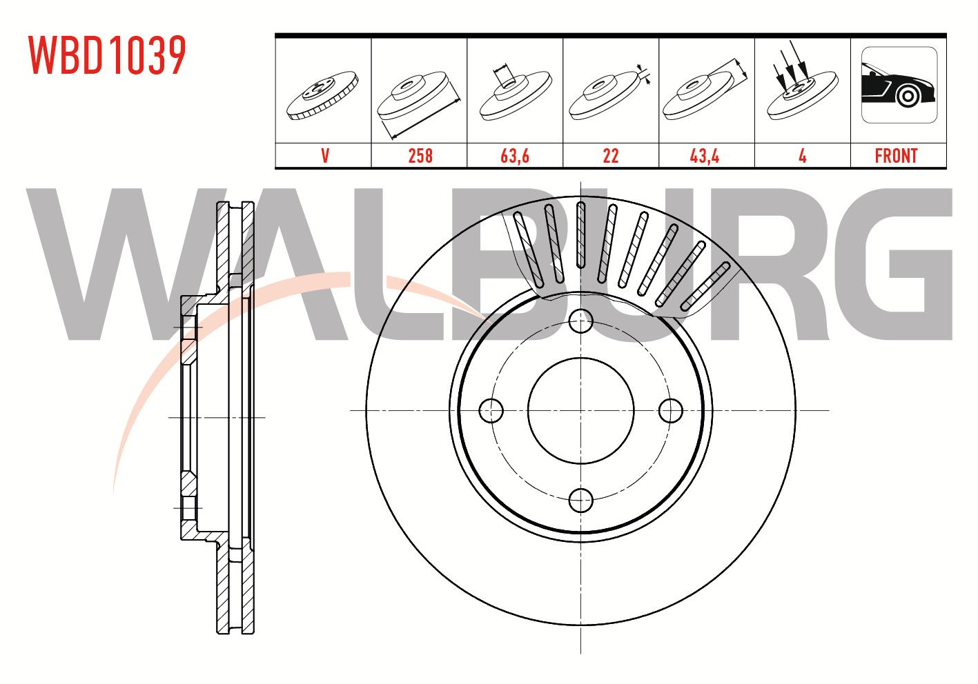 FREN DISKI ON HAVALI 4 BJN 258X22X63,6X43,4 FORD FOCUS 1.6i 16v - 1.8 TDCI - 2.0 16v 1998-2004/ FIESTA V 1.4 TDCI - 1.4i 16v - 1.6i 16v - 1.6 TDCI 2001-2008 / FUSION 1.4 TDCI 2002-2010