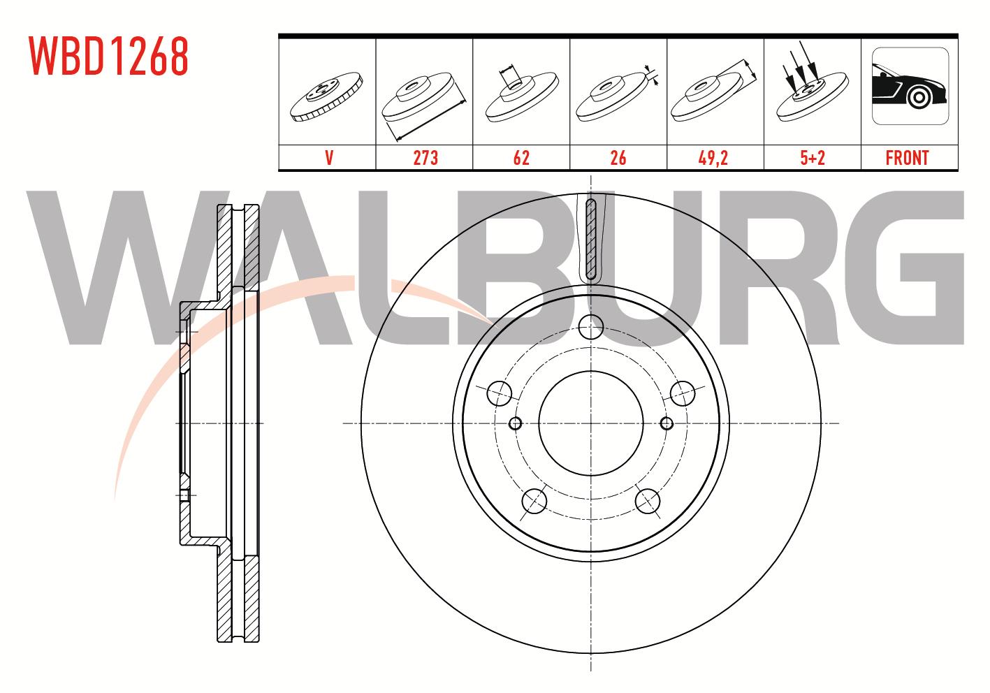FREN DISKI ON HAVALI 5 BJN 273X26X62X49,2 TOYOTA COROLLA 1.4 D-4D 2007-2012/COROLLA 1.33 2007-2012/COROLLA 1.6 VVT-I 2007-2012/AURIS 1.33 DUAL-VVT-I - 1.6 VVT-I 2007-2012/AURIS 1.4 D-4D 2007-2012