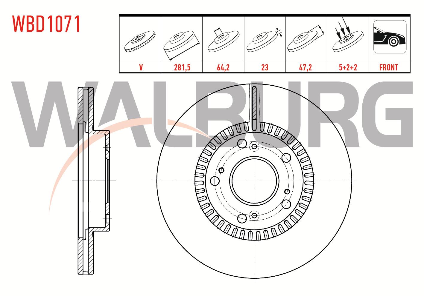 FREN DISKI ON HAVALI 5 BJN 281,5X23X64,2X47,2 HONDA CIVIC VII 1.6i- 1.8 I-VTEC- 2.0 I-VTEC 00-06/ CIVIC VIII 1.4-1.8 05-12/ CIVIC IX 1.6i-1.4 12-16 / CIVIC X 1.0 1.6 iVTEC 16- / CR-V II 2.0i 02-06