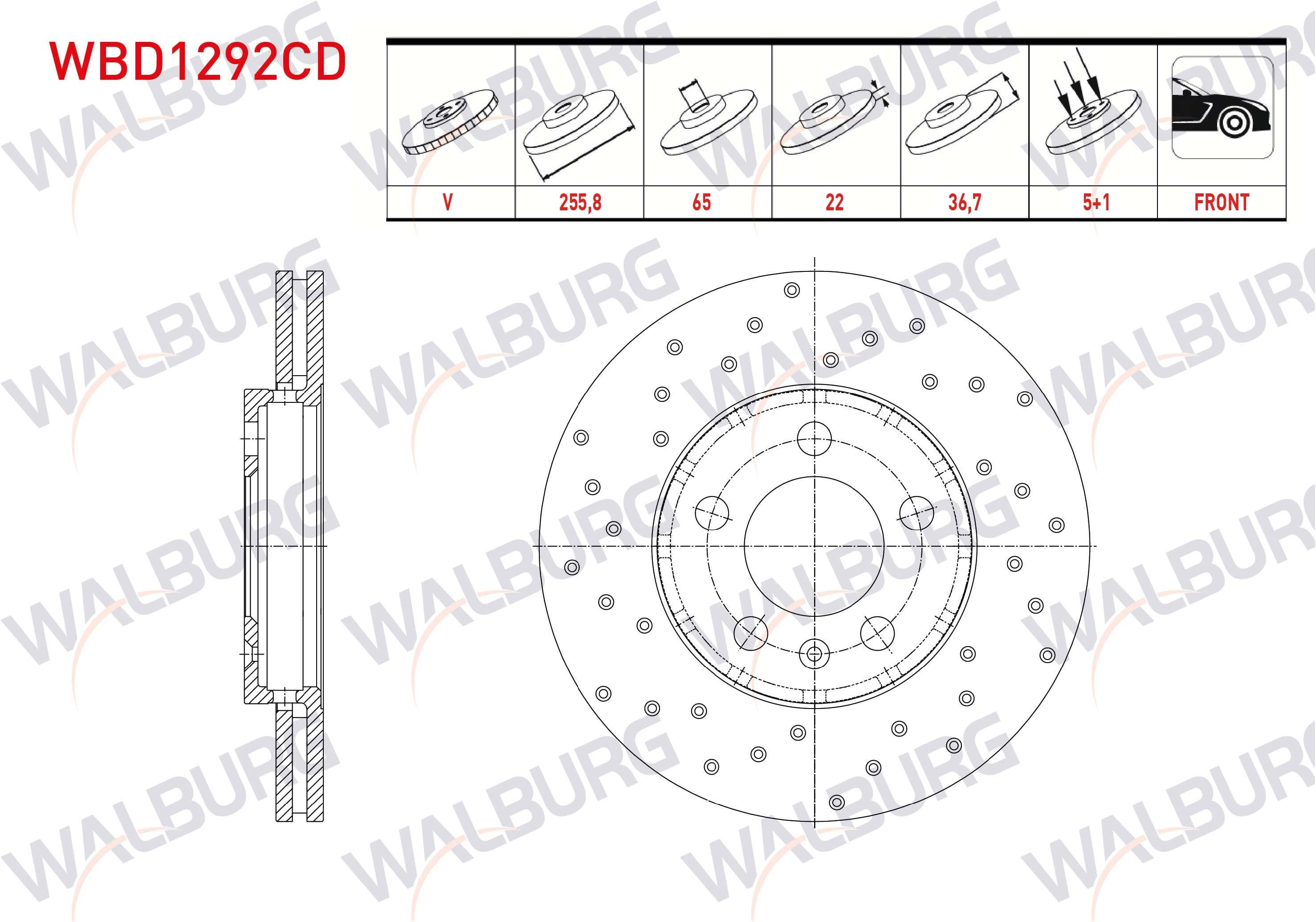 FREN DISKI ON HAVALI KAPLAMALI PERFORMANS DELIKLI 5 BJN 255,8X22X65X36,7 AUDI A3 (8L1) 1.6 1996-2003