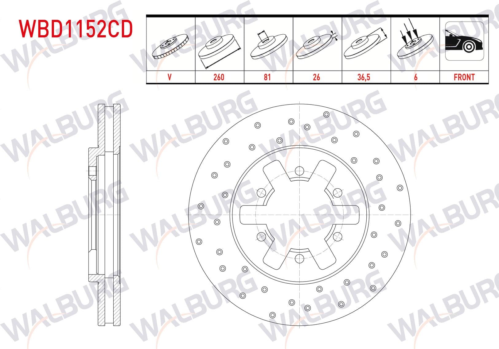 FREN DISKI ON HAVALI KAPLAMALI PERFORMANS DELIKLI 6 BJN 260X26X81X36,5 NISSAN PICK UP (D22) 2.5 DI 4X4 1998-