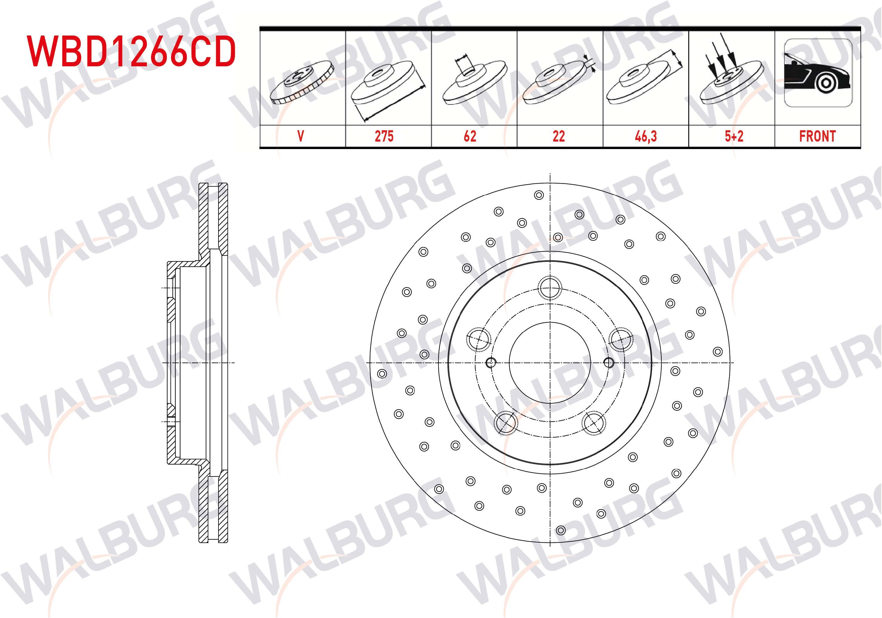 FREN DISKI ON HAVALI KAPLAMALI PERFORMANS DELIKLI 5 BJN 275X22X62X46,3 TOYOTA COROLLA 1.4 VVT-I 2007-2012 / COROLLA 1.6 VVT-I 2007-2012 / AURIS 1.4 D-4D 2007-2012 / AURIS 1.6 VVT-I 2007-2012