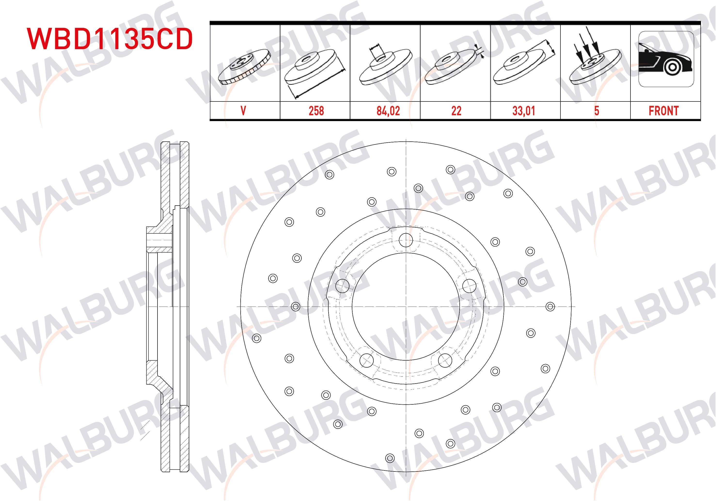 FREN DISKI ON HAVALI KAPLAMALI PERFORMANS DELIKLI 5 BJN 258,1X22X84,02X33,01 MITSUBISHI L 300 (P0W,P1W) 2.5 D 1986-2006 / L 200 (K7T,K6T) 2.5 D 1996-2007