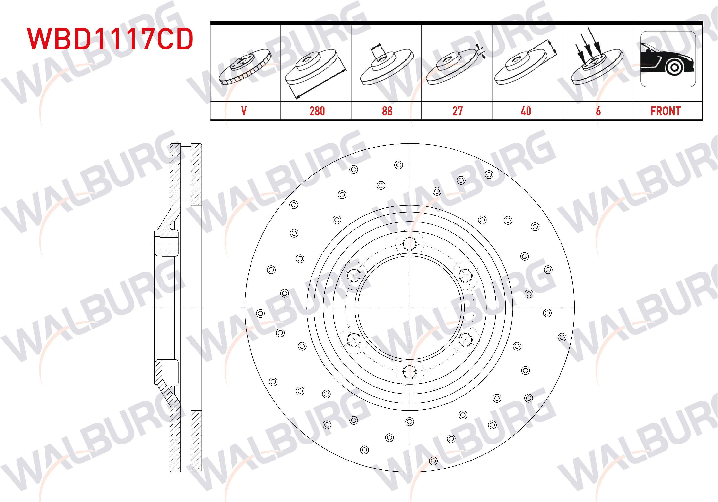 FREN DISKI ON HAVALI KAPLAMALI PERFORMANS DELIKLI 6 BJN 280X27X88X40 ISUZU D-MAX (8DH) 2.5 D 4X4 2002-2012 / D-MAX (8DH) 3.0 D A-T 4X4 2002-2012 / D-MAX (8DH) 2.5 DITD 4X4 2002-2012