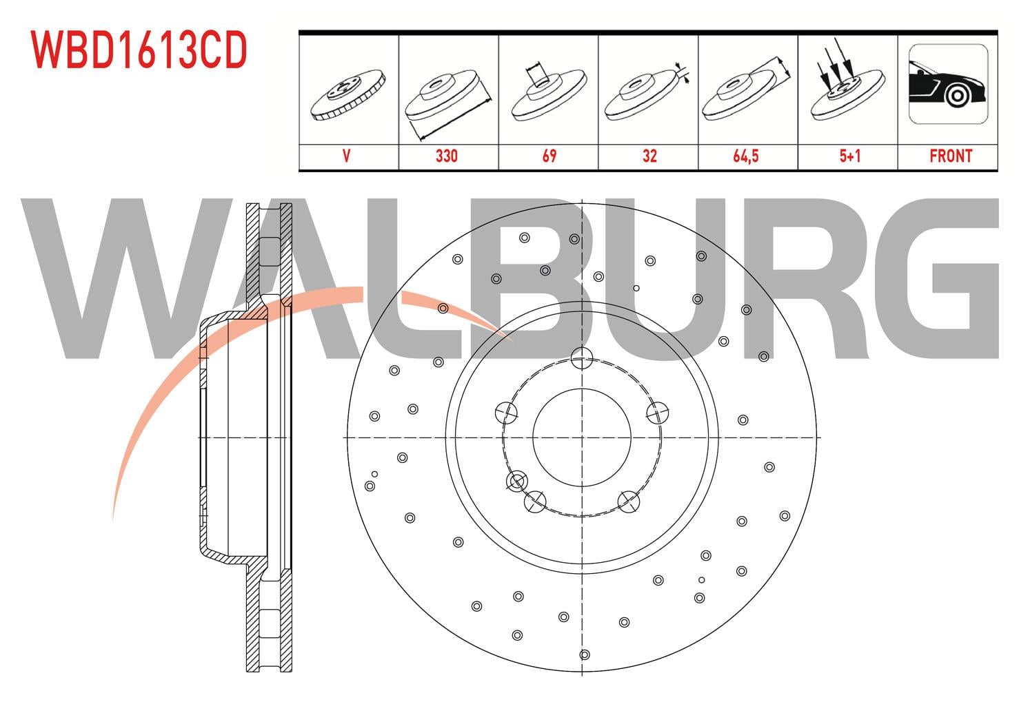 FREN DISKI ON HAVALI KAPLAMALI PERFORMANS DELIKLI 5 BJN 330X32X69X64,5 MERCEDES C SERISI (W205) C 180 - C 200 - C 250 BlueTEC - C 300 2015-/ E SERISI (W213) E 200 - E 220 D - E 250 2016-