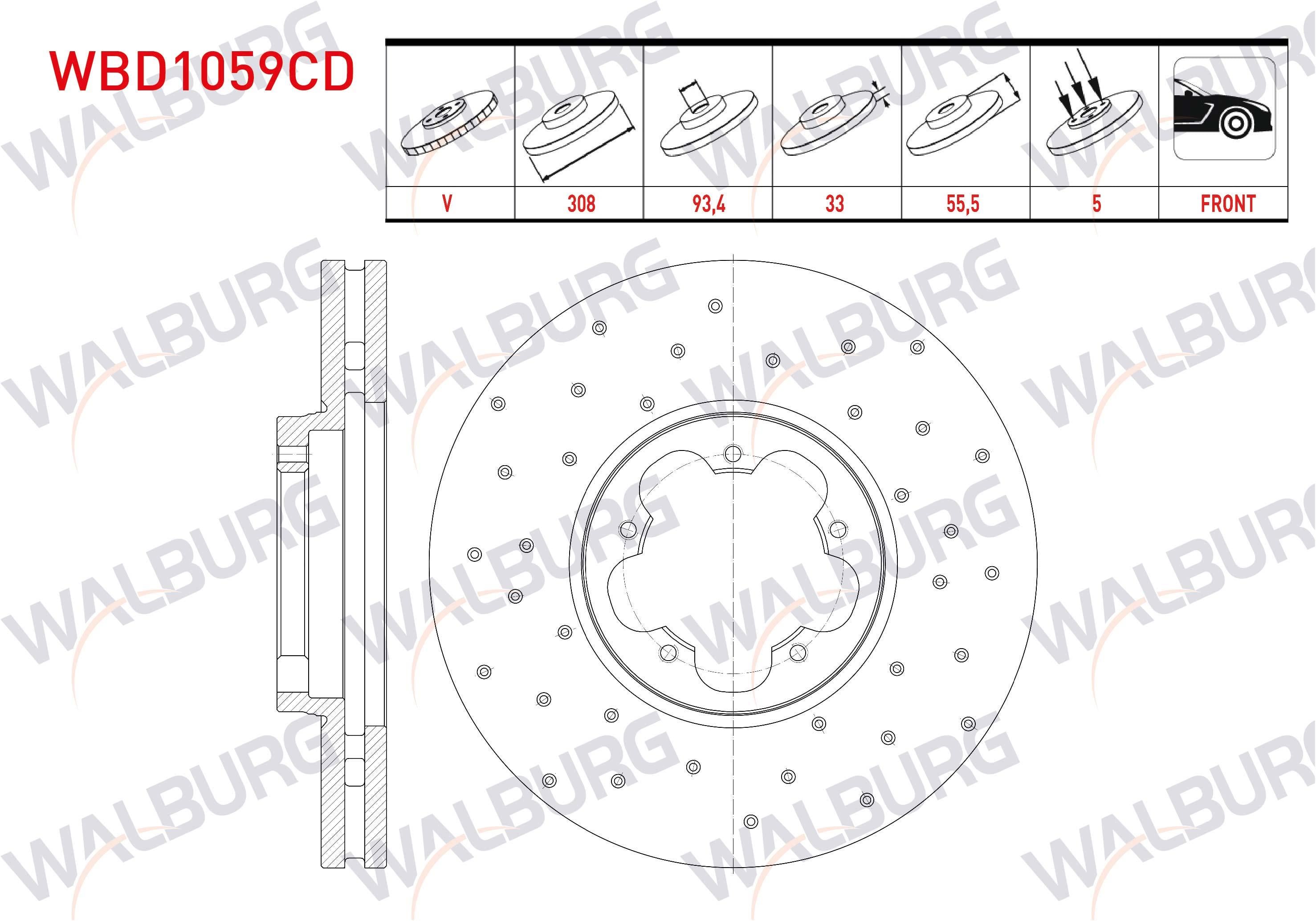 FREN DISKI ON HAVALI KAPLAMALI PERFORMANS DELIKLI 5 BJN 308X33X93,4X55,5 FORD TRANSIT (V363) 2.2 TDCI TEK TEKER 2014-