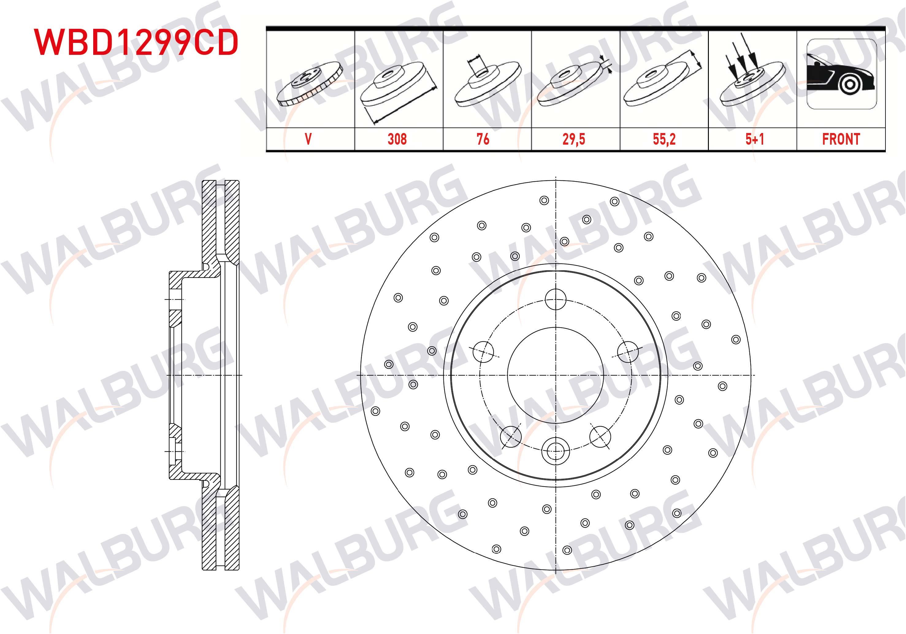 FREN DISKI ON HAVALI KAPLAMALI PERFORMANS DELIKLI 5 BJN 308X29,5X76X55,2 VOLKSWAGEN TRANSPORTER VI 2.0 TDI BITDI 2009-