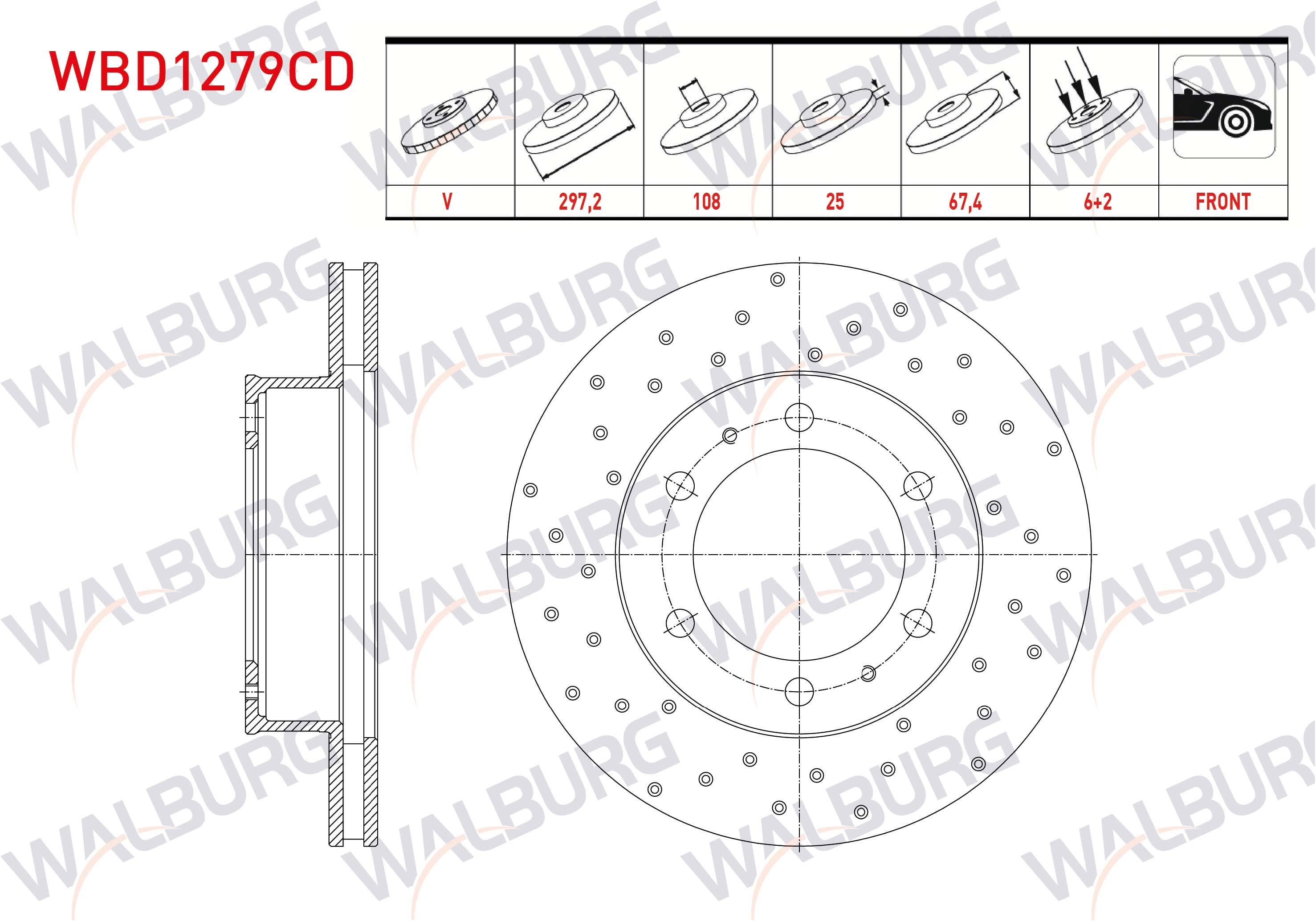 FREN DISKI ON HAVALI KAPLAMALI PERFORMANS DELIKLI 6 BJN 297,2X25X108X67,4OYOTA HI-LUX PICK UP 3.0 D-4D 2005-2011