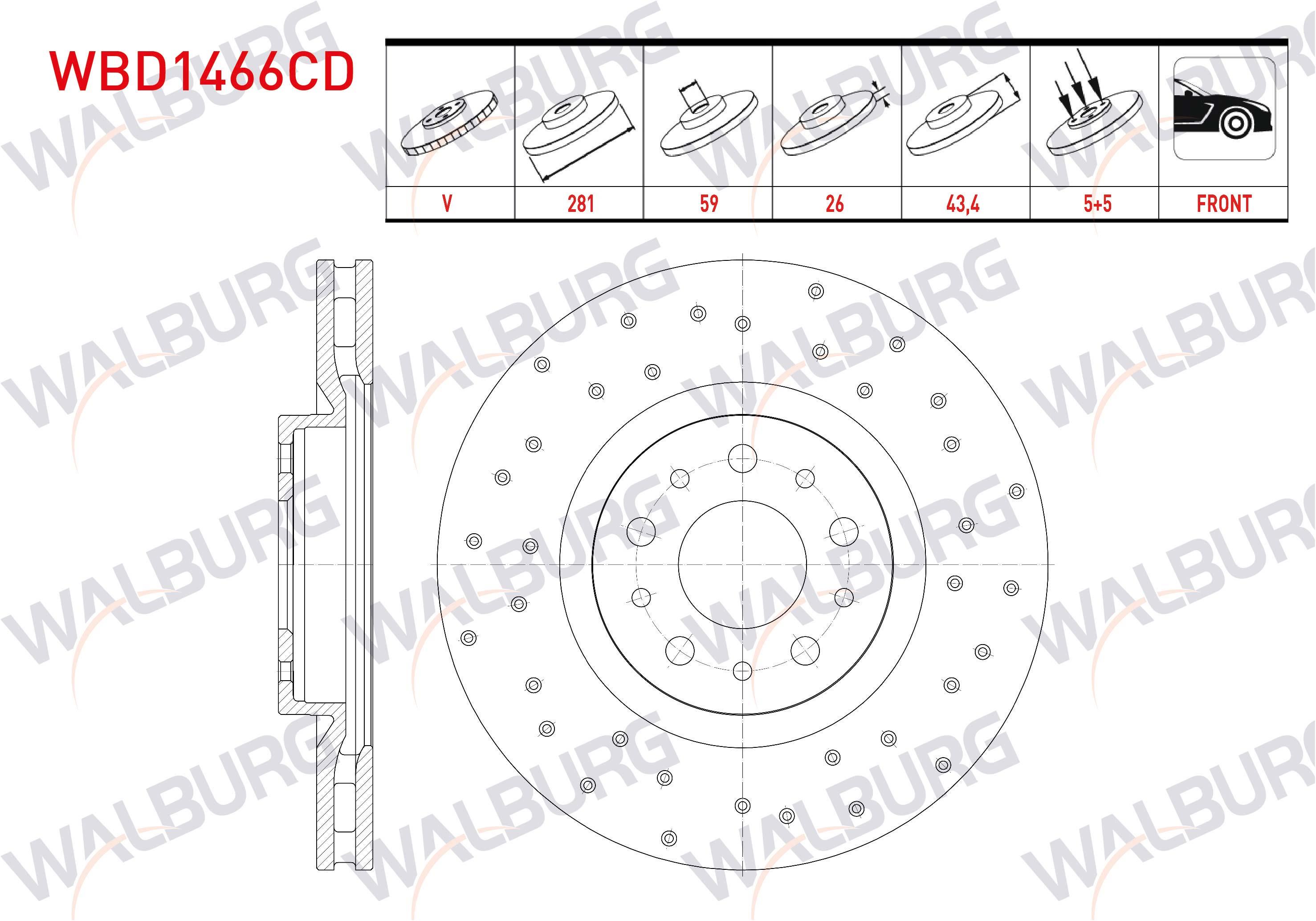FREN DISKI ON HAVALI KAPLAMALI PERFORMANS DELIKLI 5 BJN 281X26X59X43,4 FIAT EGEA 1.6 MJT HB 2016-