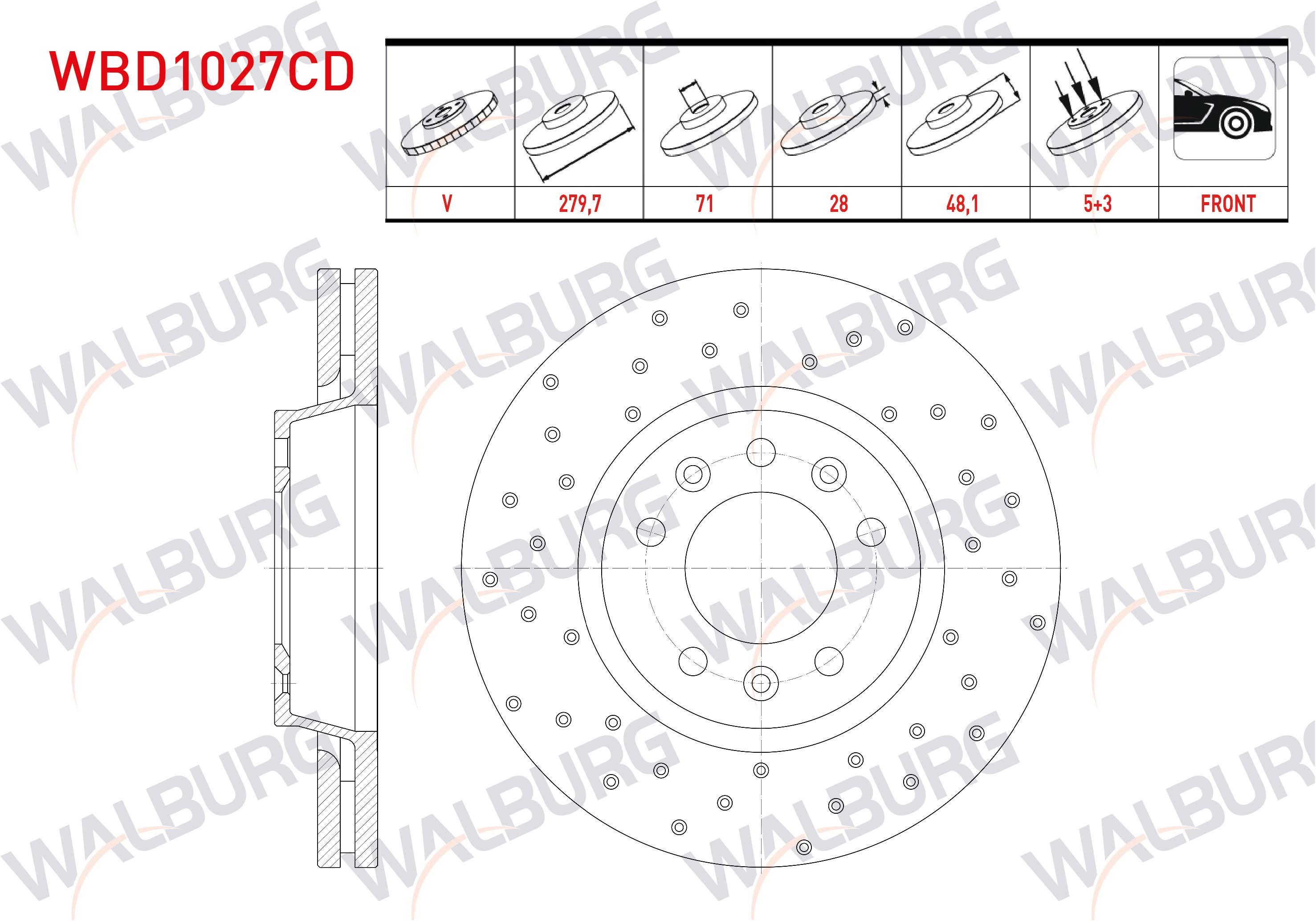 FREN DISKI ON HAVALI KAPLAMALI PERFORMANS DELIKLI 5 BJN 279,7X28X71X48,1 FIAT SCUDO 1.6 MJT 90 HP 2007-/ PEUGEOT EXPERT 1.6 HDI 90 HP - 2.0 HDI 2007- / CITROEN JUMPY II 1.6 HDI 2006-