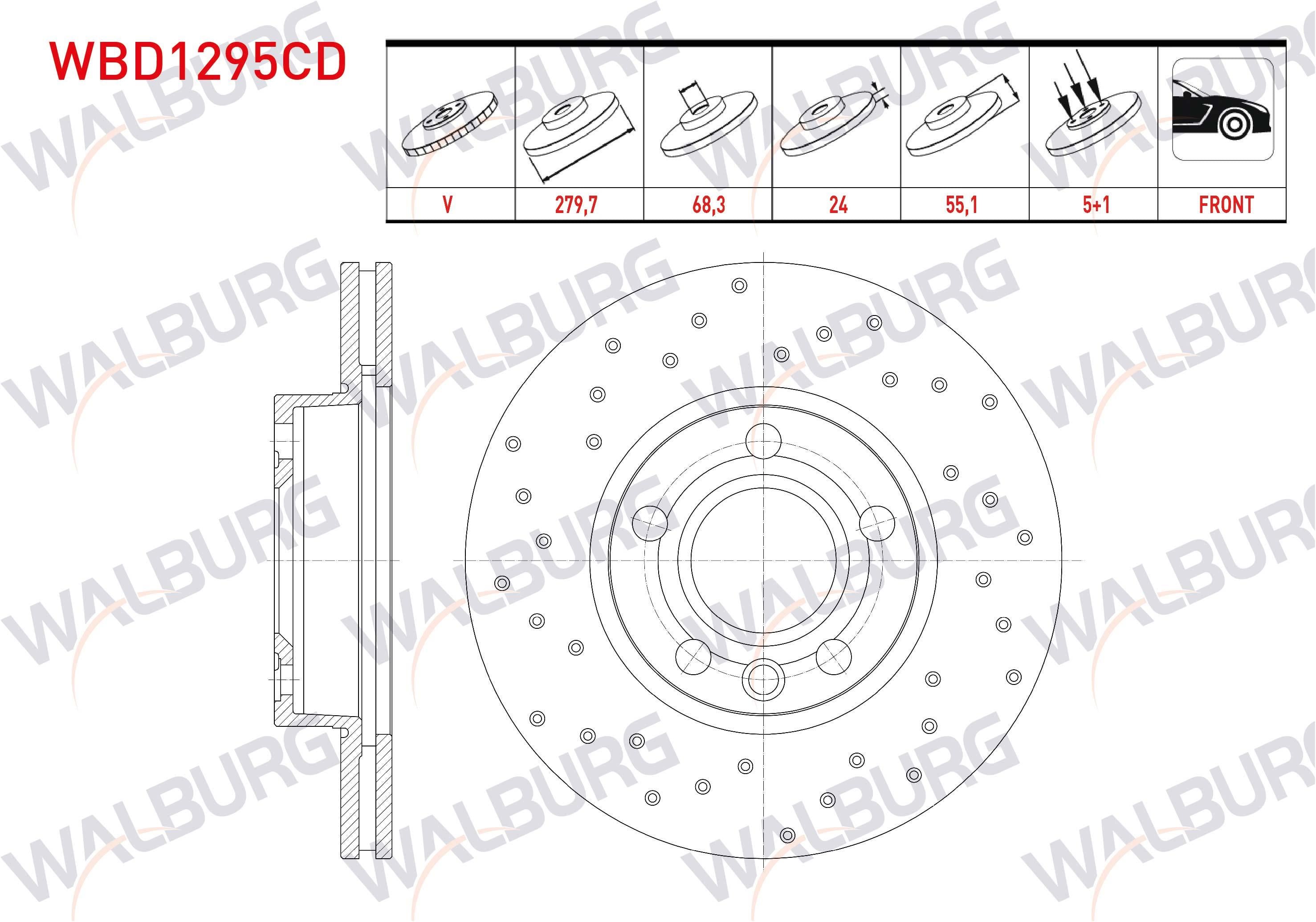 FREN DISKI ON HAVALI KAPLAMALI PERFORMANS DELIKLI 5 BJN 279,7X24X68,3X55,1 VOLKSWAGEN TRANSPORTER IV (70XB,70XC,7DB,7DW) 2.5 D 1990-2003