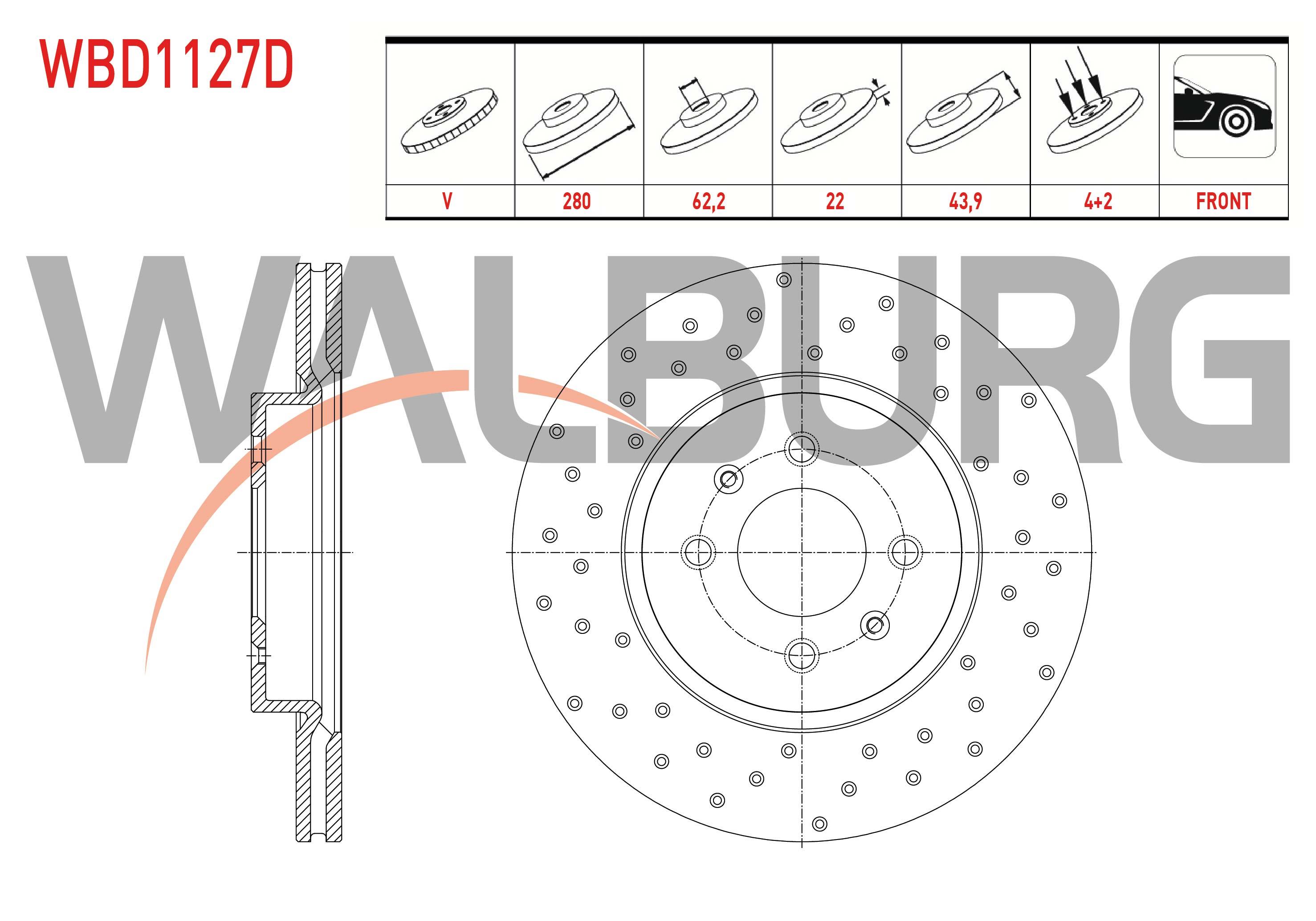 FREN DISKI ON HAVALI PERFORMANS DELIKLI 4 BJN 280X22X62,2X43,9 KIA RIO III 1.25 CVVT - 1.4 CVVT - 1.4 CRDI - 1.5 CRDI 2011-2014/ HYUNDAI I20 1.4 CRDI 2015-