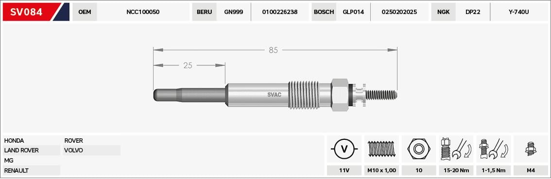 ISITMA KIZDIRMA BUJİSİ FREELANDER 1 2.0 Dİ 11V GN999 0 100 226 238 GLP014 0 250 202 025 DP22  Y-740U