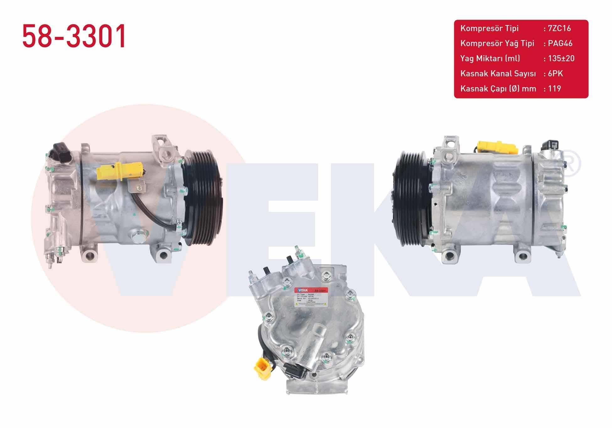 KLIMA KOMPRESORU 6PK 119mm CITROEN BERLINGO 1.6 HDI 2008-/ C4 2.0 2004-2009/ C4 GRAND PICASSO 1.6 HDI 2006-/ C5 III 1.6 HDI 2008-2015/ PEUGEOT 3008 1.6 HDI 2009-/ PARTNER 1.6 BlueHDI 2018-