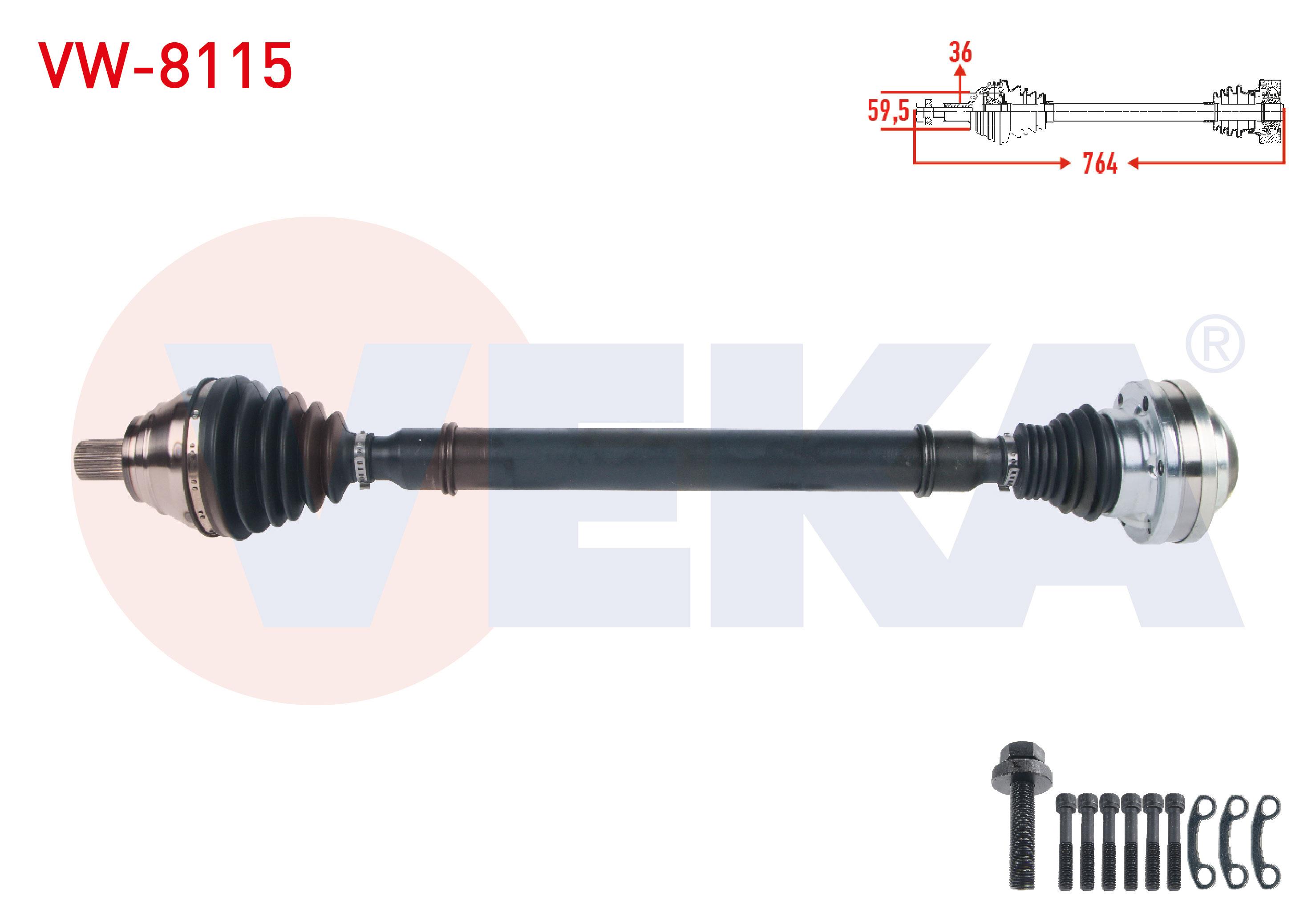 KOMPLE AKS SAG ON UZUNLUK 764mm VOLKSWAGEN GOLF V (1K1) 1.4 TSI A-T 2003-2009/ JETTA III (1K2) 1.4 TSI A-T 2005-2010/ GOLF PLUS (5M1) 1.4 TSI 2006-2008
