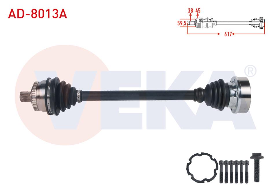 KOMPLE AKS SOL ON ABSLI 45 DIS UZUNLUK 617mm AUDI A4 (8E2,B6) 1.6 2000-2004/ A4 (8EC,B7) 1.6 2004-2008