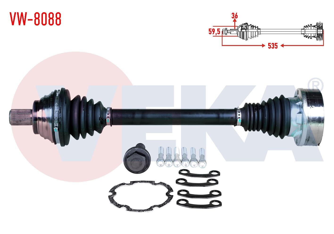 KOMPLE AKS SOL ON UZUNLUK 535mm VW GOLF V (1K1) 1.4 TSI A-T/M-T 03-09/ GOLF VI (5K1) 1.4 TSI A-T/M-T 08-13 / JETTA III (1K2) 1.4 TSI A-T/M-T 03-09/ PASSAT (362) 1.4 TSI A-T/M-T 08-12
