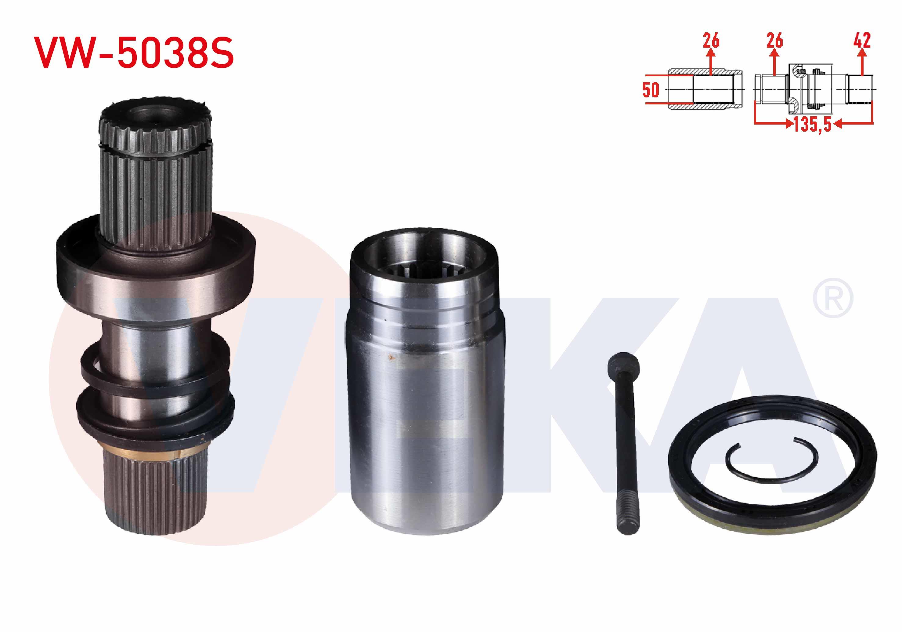 AKS KAFASI SAG ON IC FREZE EK MILI KIT 26X42X50 UZUNLUK 135,5mm VW TRANSPORTER V 2.5 TDI M-T 2003-2011 / TRANSPORTER VI 2.0 TDI - 2.0 BITDI 2011-