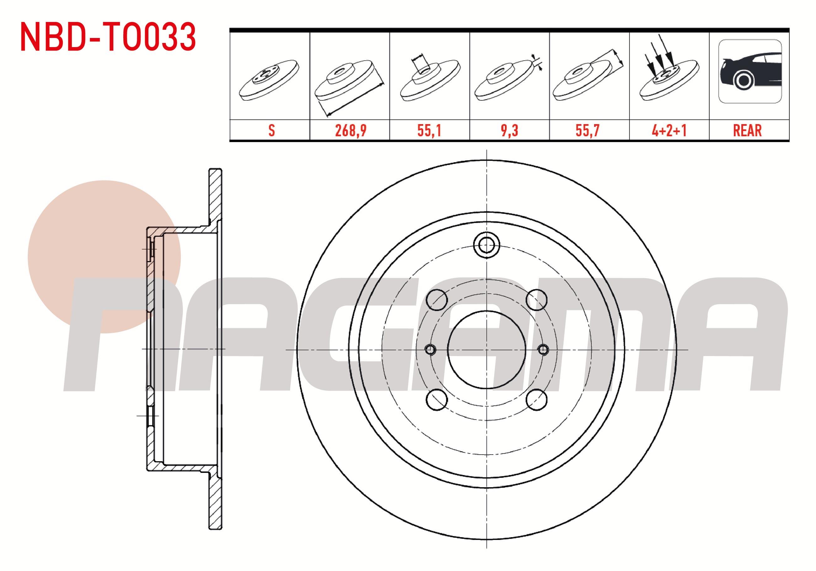 FREN DISKI ARKA DUZ 4 BJN 268,9X9,3X55X57 YARIS 1.4 D-4D-1.5 VVT-I-1.3i 1999-2005/COROLLA 1.6 VVT-I-1.4 VVT-I-2.0 D-4D 2001-2007/COROLLA VERSO 2.0 D-4D-1.6 VVT-I 2001-2004/YARIS VERSO 1.4 D 1999-2005