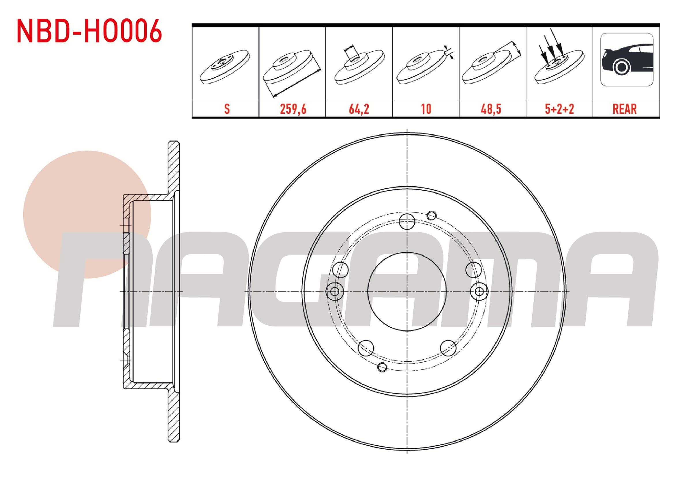 FREN DISKI ARKA DUZ 5 BJN 259,6X10X64,2X48,5 HONDA CIVIC VII 2.0 I-VTEC 2000-2006 / CIVIC VII 2.0 TYPE-R 2000-2006