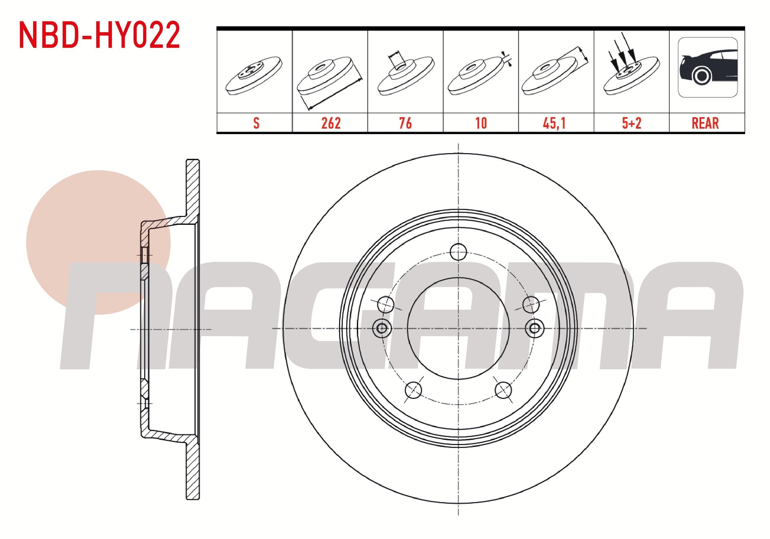 FREN DISKI ARKA DUZ 5 BJN 262X10X45X76 5 HYUNDAI ELANTRA 1.6 D-CVVT 2011-2015/ ELANTRA 1.6 CRDI - 1.6 D-CVVT 2015-/ I30 1.6 CRDI 2011-2017