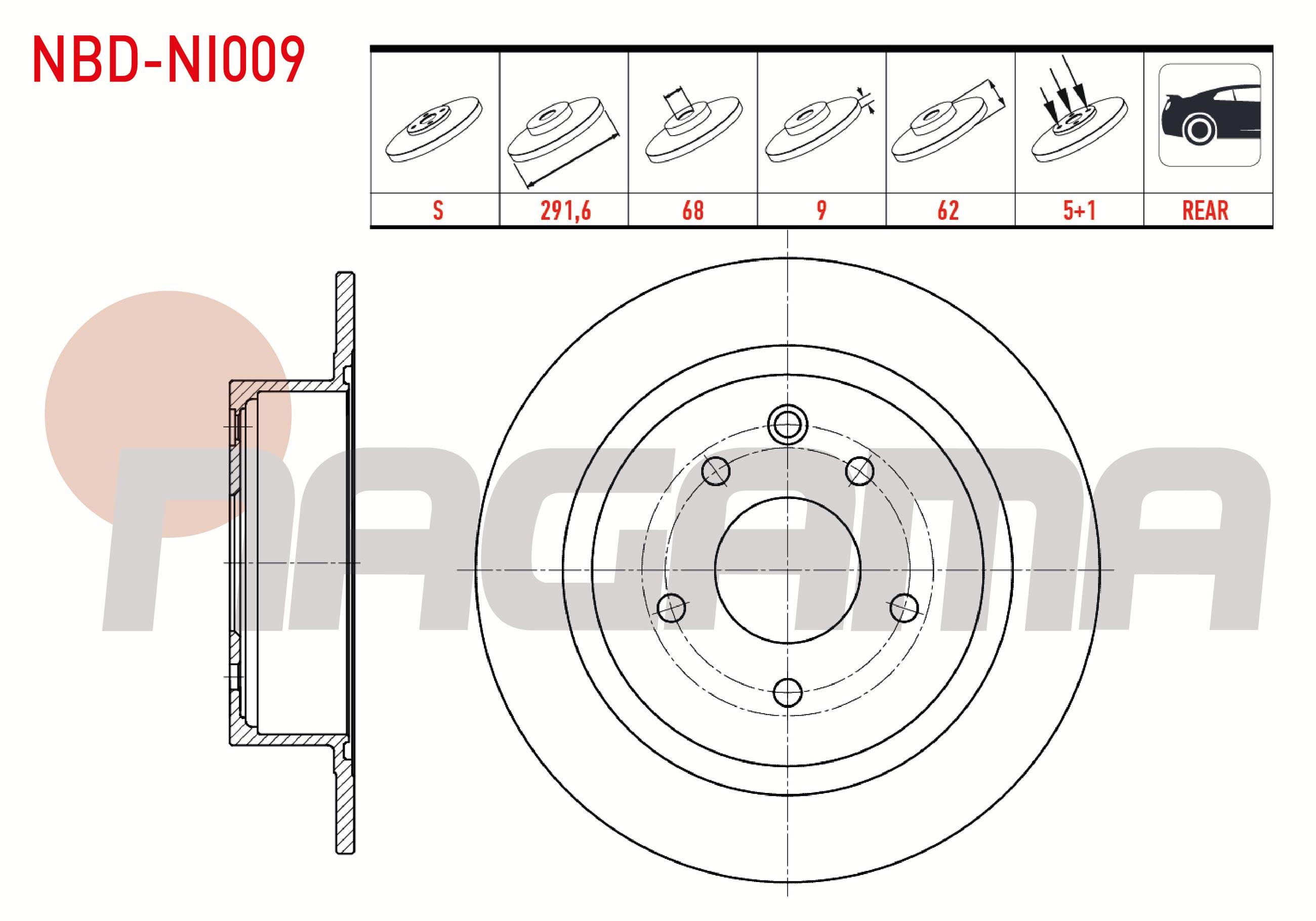 FREN DISKI ARKA DUZ 5 BJN 291,5X9X68X62  NISSAN QASHQAI (J10) 1.5 DCI 2007-2014/ QASHQAI 1.6i  2007-2014/ QASHQAI 2.0 DCI 2007-2014/ JUKE 1.5 DCI 2010- / JUKE 1.6 DIG-T 2010-
