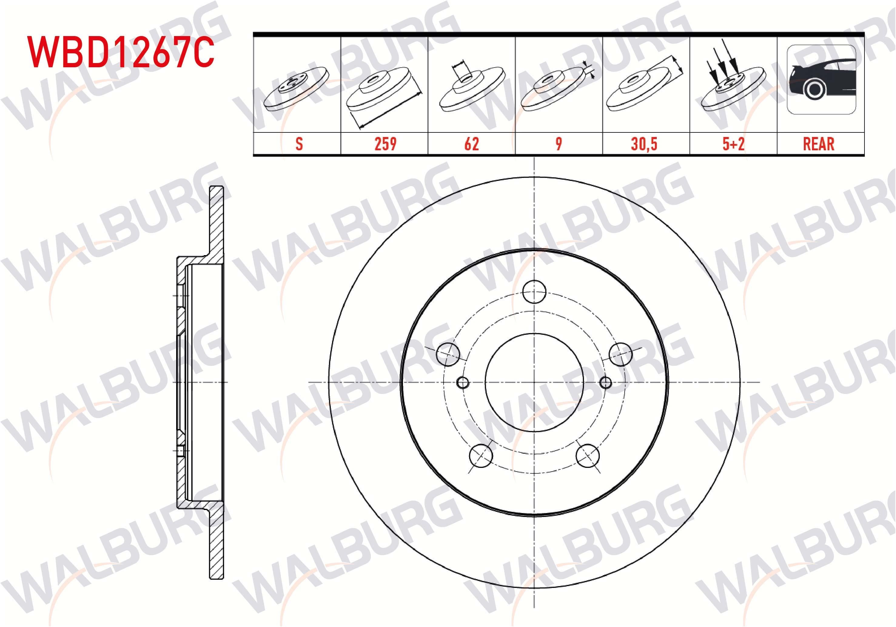 FREN DISKI ARKA DUZ KAPLAMALI 5 BJN 259X9X62X30,5 TOYOTA COROLLA 1.4 VVT-I - 1.6 VVT-I 2007-2012/COROLLA 1.6 2012-/COROLLA 1.33 2007-2012/AURIS 1.33 DUAL-VVT-I 2007-2012/AURIS 1.6 VVT-I 2007-2012