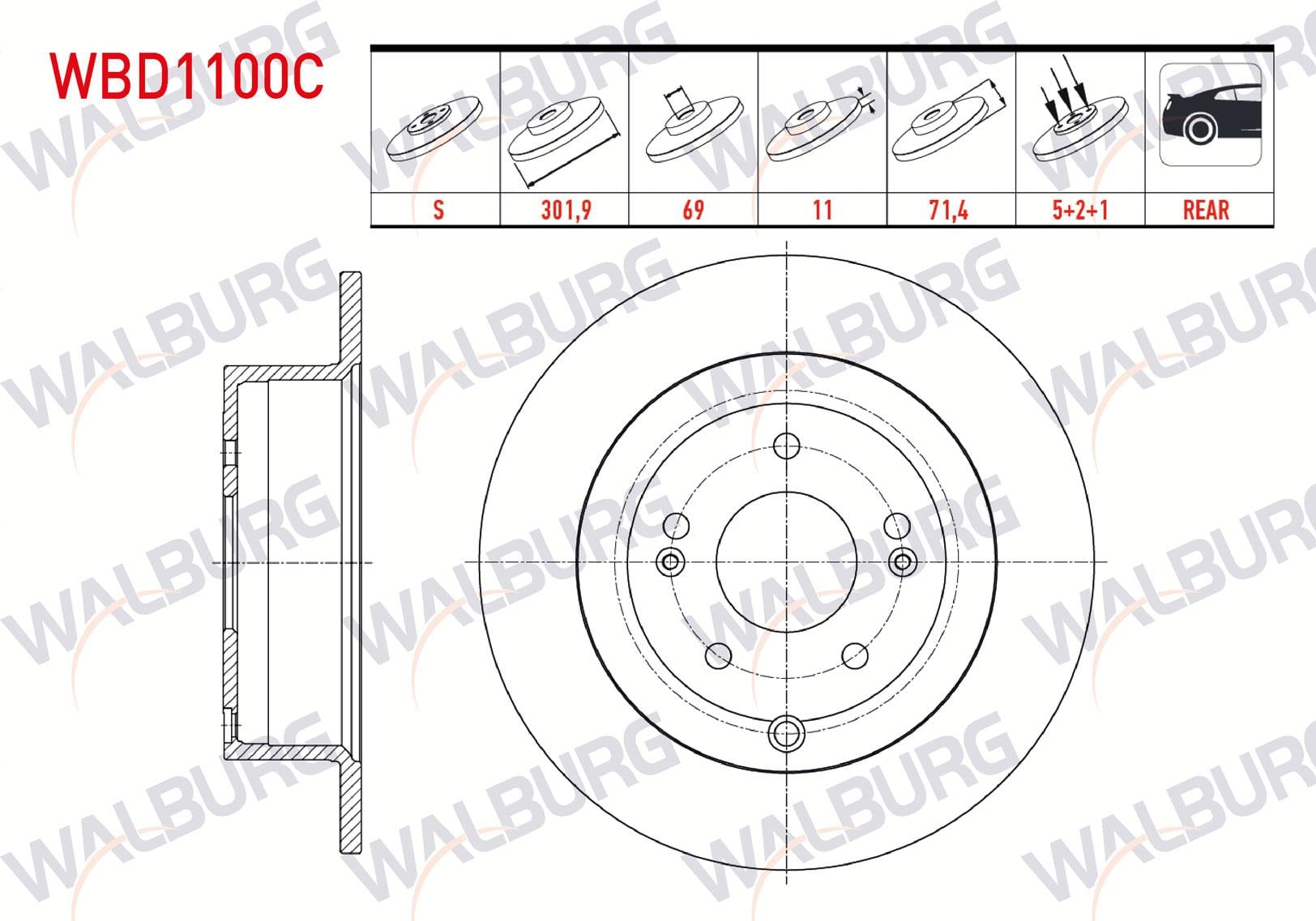 FREN DISKI ARKA DUZ KAPLAMALI 5 BJN 301,9X11X69X71,5 HYUNDAI SANTA FE (CM) 2.2 CRDI 2006-2012 / SANTA FE (CM) 2.7i V6 2006-2012