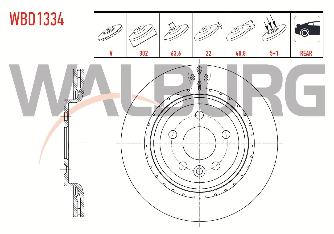 FREN DISKI ARKA HAVALI 5 BJN 302X22X63,6X40,8 S60 II T3-T4-T5-D3-D5-2.0T (ELEKTRONIK EL FRENI) 2010-/S80 II D3-D5-T5-T6 2006-/V60 T6-T5-D3-D5-1.6D 2010-/V70 III 1.6D-2.0D 2006-/XC70 II  D3-D5 2007-