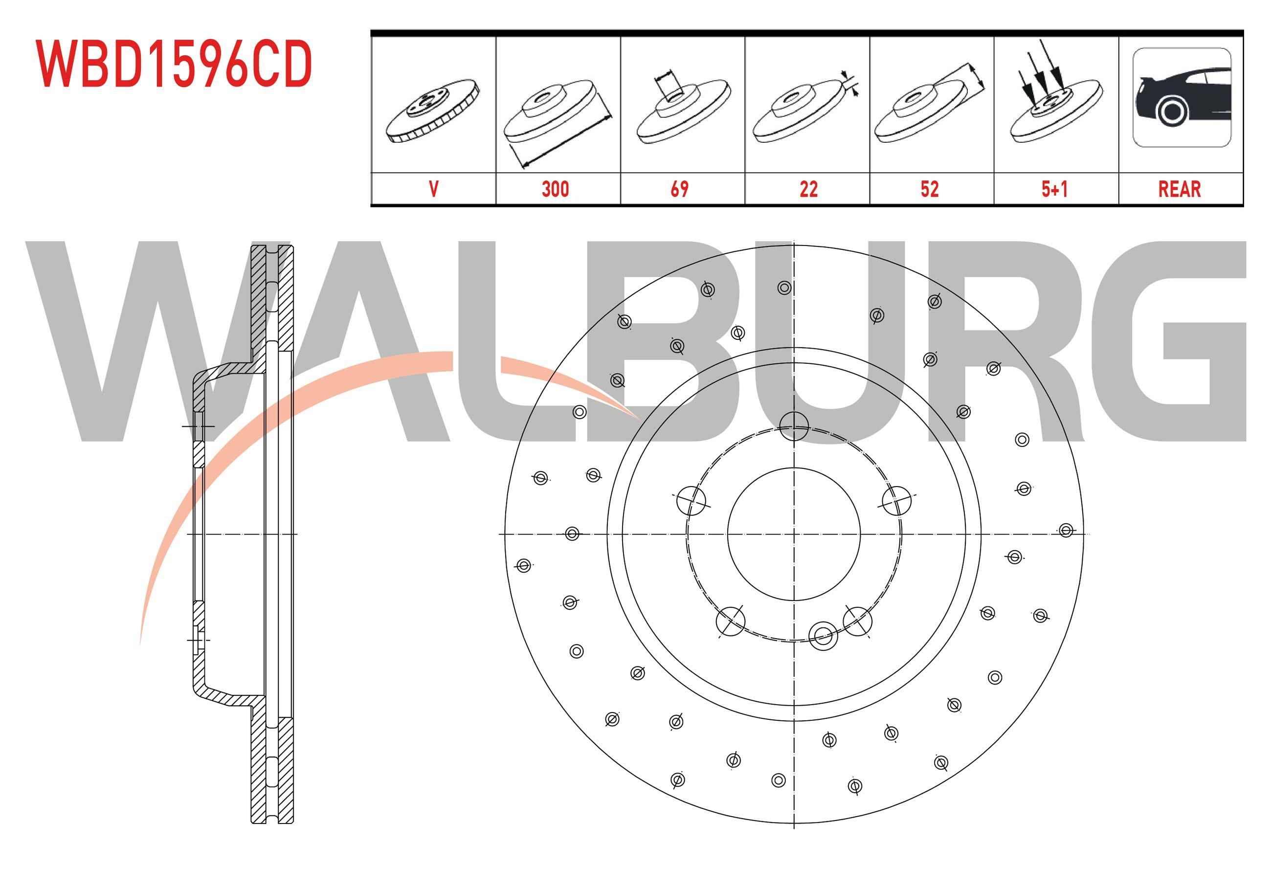 FREN DISKI ARKA HAVALI KAPLAMALI PERFORMANS DELIKLI 5 BJN 300X22X69X52 MERCEDES C SERISI (W205) C 250 BlueTEC 14-/ E SERISI (W213) E 180 - E 200 - E 220 d - E 300 16- / CLS SERISI (C257) CLS 300 D 17-