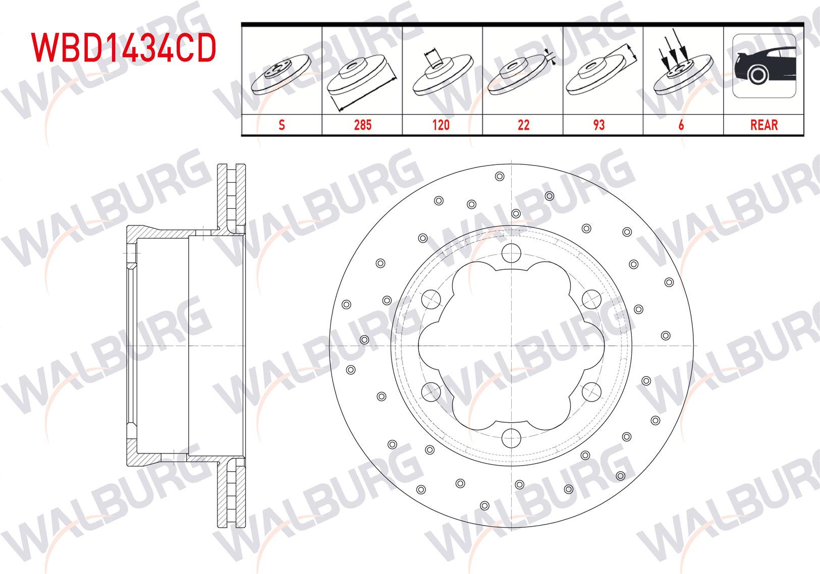 FREN DISKI ARKA HAVALI KAPLAMALI PERFORMANS DELIKLI 6 BJN 285X22X120X93 M.BENZ SPRINTER 208 CDI - 211 CDI/ 308 CDI - 311 CDI/ 411 CDI - 413 CDI 1995-2006/ VW LT 28-46 II 2.5 TDI - 2.8 TDI 1996-2006