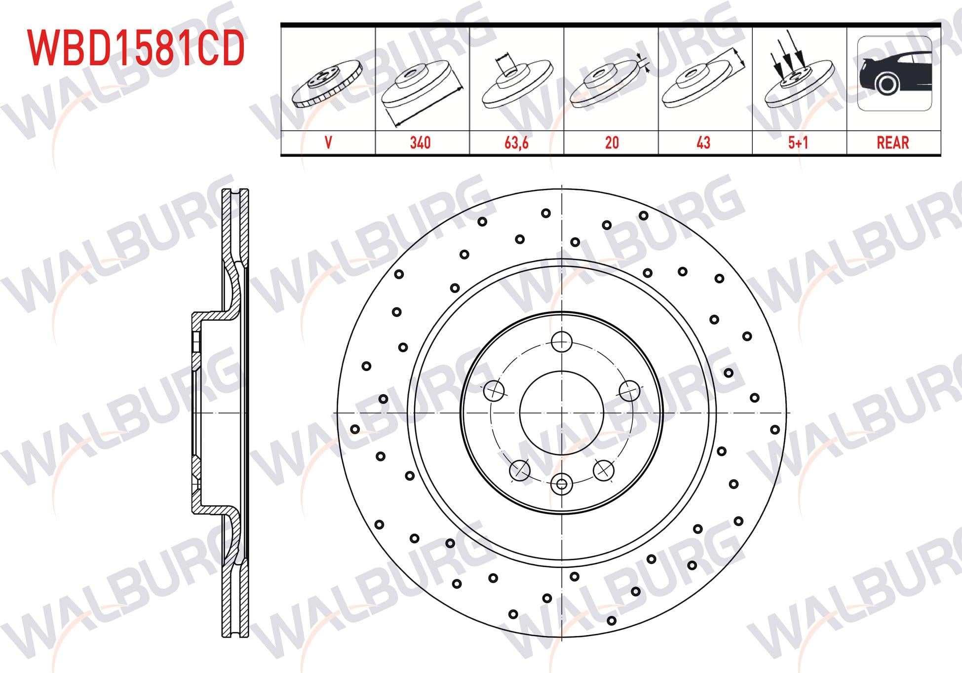 FREN DISKI ARKA HAVALI KAPLAMALI PERFORMANS DELIKLI 5 BJN 340X20X63,6X43 18 JANT VOLVO XC90 II 2.0 T8 HYBRID 2015-
