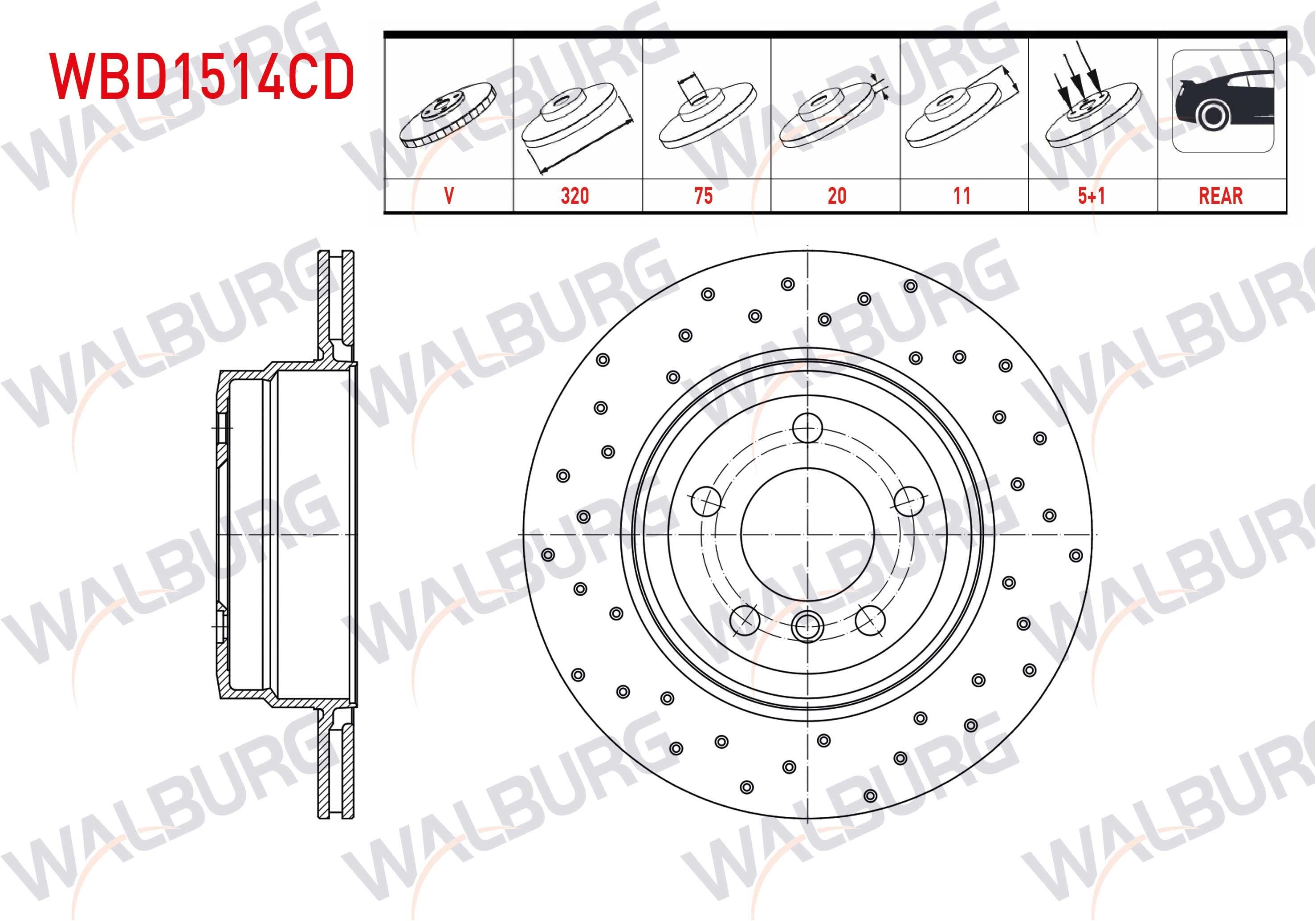 FREN DISKI ARKA HAVALI KAPLAMALI PERFORMANS DELIKLI 5 BJN 320X20X75X78,6 BMW X5 (E70) 3.0 D - 4.0 D 2007-2012/ X6 (E71,E72) 3.0 D - 3.5 D - 4.0 D 2008-