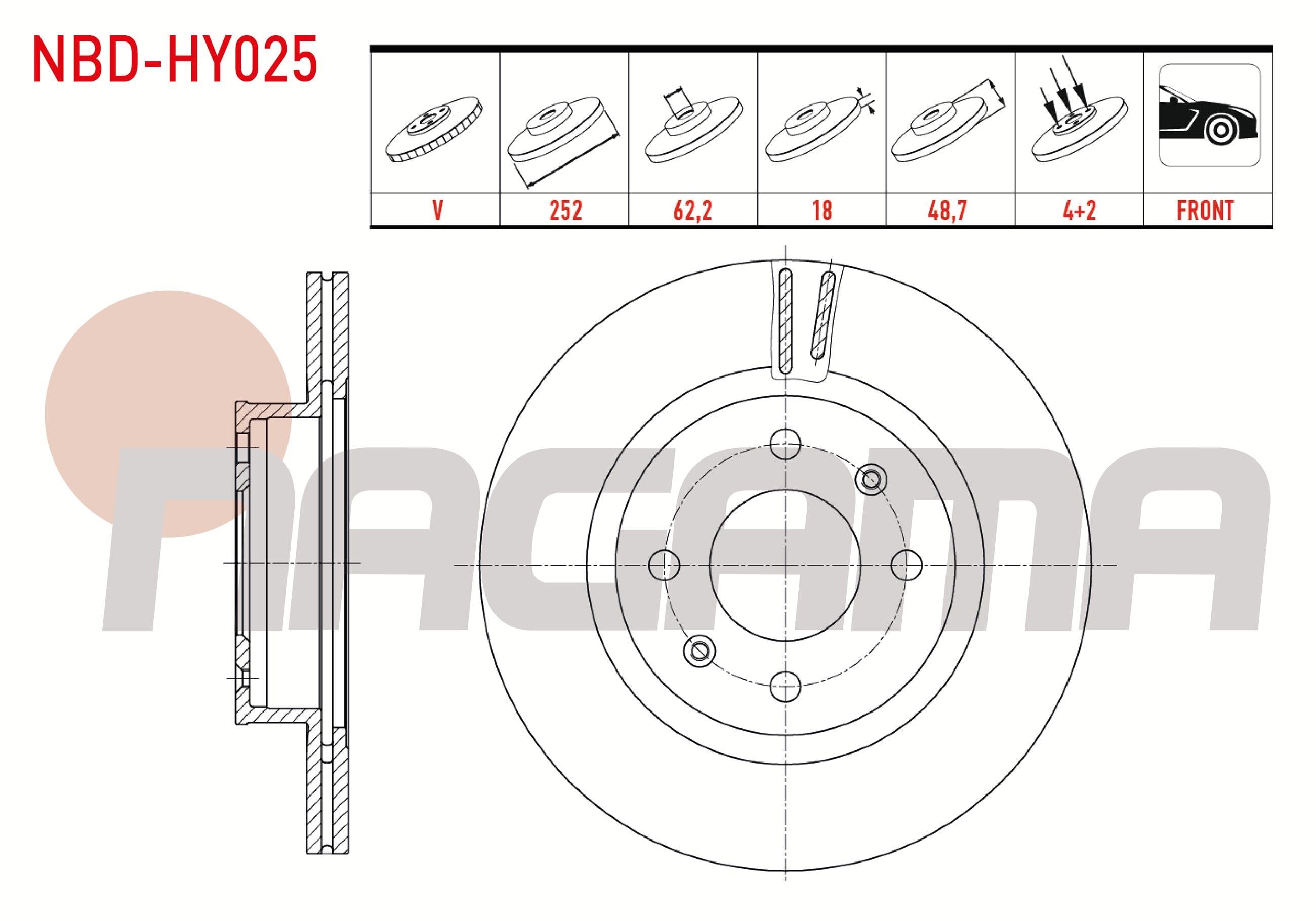 FREN DISKI ON HAVALI 4 BJN 252X18X62,2X48,7 HYUNDAI I10 (BA) 1.2 D-CVVT 14 JANT 2013- / I10 (PA) 1.1i 12v 2008-2013 / I10 (BA) 1.0 D-CVVT 2013- / PICANTO (BA) 1.25 2004-2011