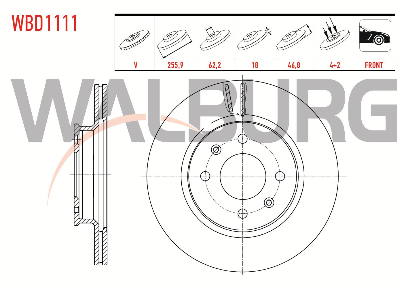FREN DISKI ON HAVALI 4 BJN 255,9X18X62,2X46,6 HYUNDAI I20 (PB, PBT) 1.2i 2008-2015 /  I20 (PB, PBT) 1.4 CRDI 2008-2015 / I20 (PB, PBT) 1.4i 2008-2015 /  I20 (PB, PBT) 1.6 2008-2015