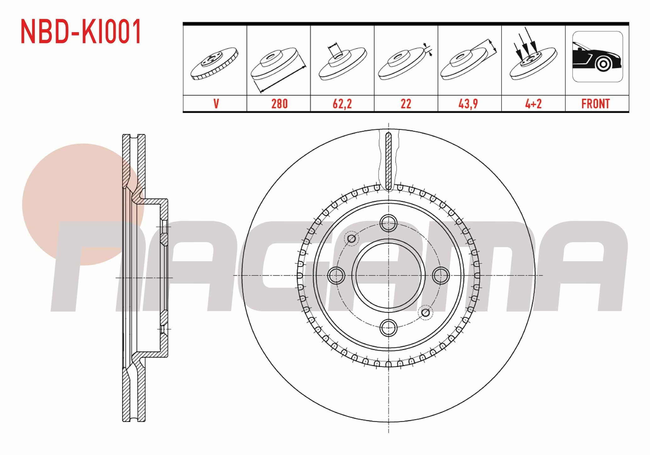 FREN DISKI ON HAVALI 4 BJN 280X22X62,2X43,9 KIA RIO III 1.25 CVVT - 1.4 CVVT - 1.4 CRDI  - 1.5 CRDI 2011-2014