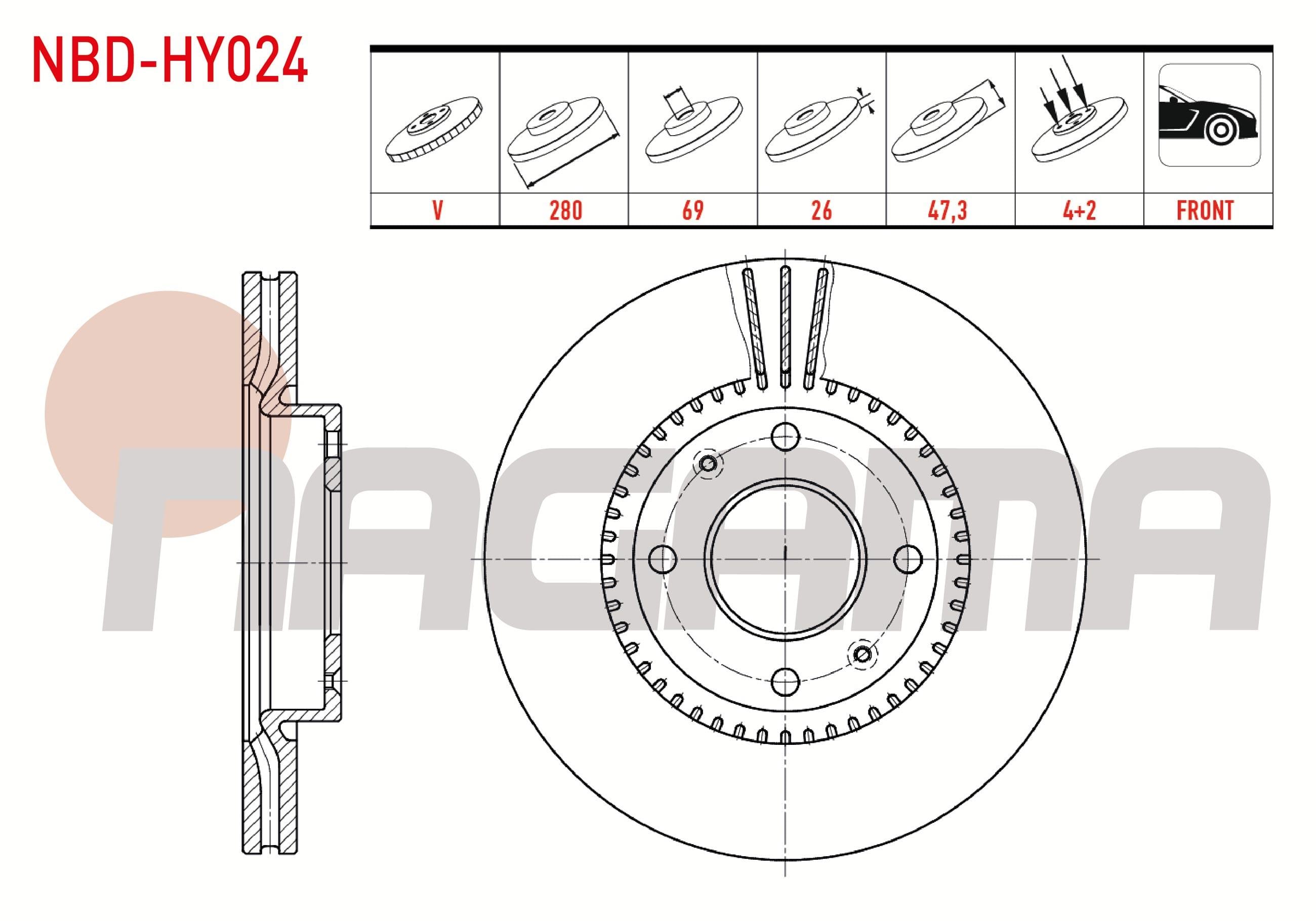 FREN DISKI ON HAVALI 4 BJN 280X26X69X47,3 HYUNDAI ELANTRA 1.6i -  2.0 CRDI - 2.0 2001-2007/ SONATA IV 2.0i 2001-2004/ SONATA V 2.0 CRDI -2.0 2005-2010/ KIA MAGENTIS 2.0i 16v 2001-2005